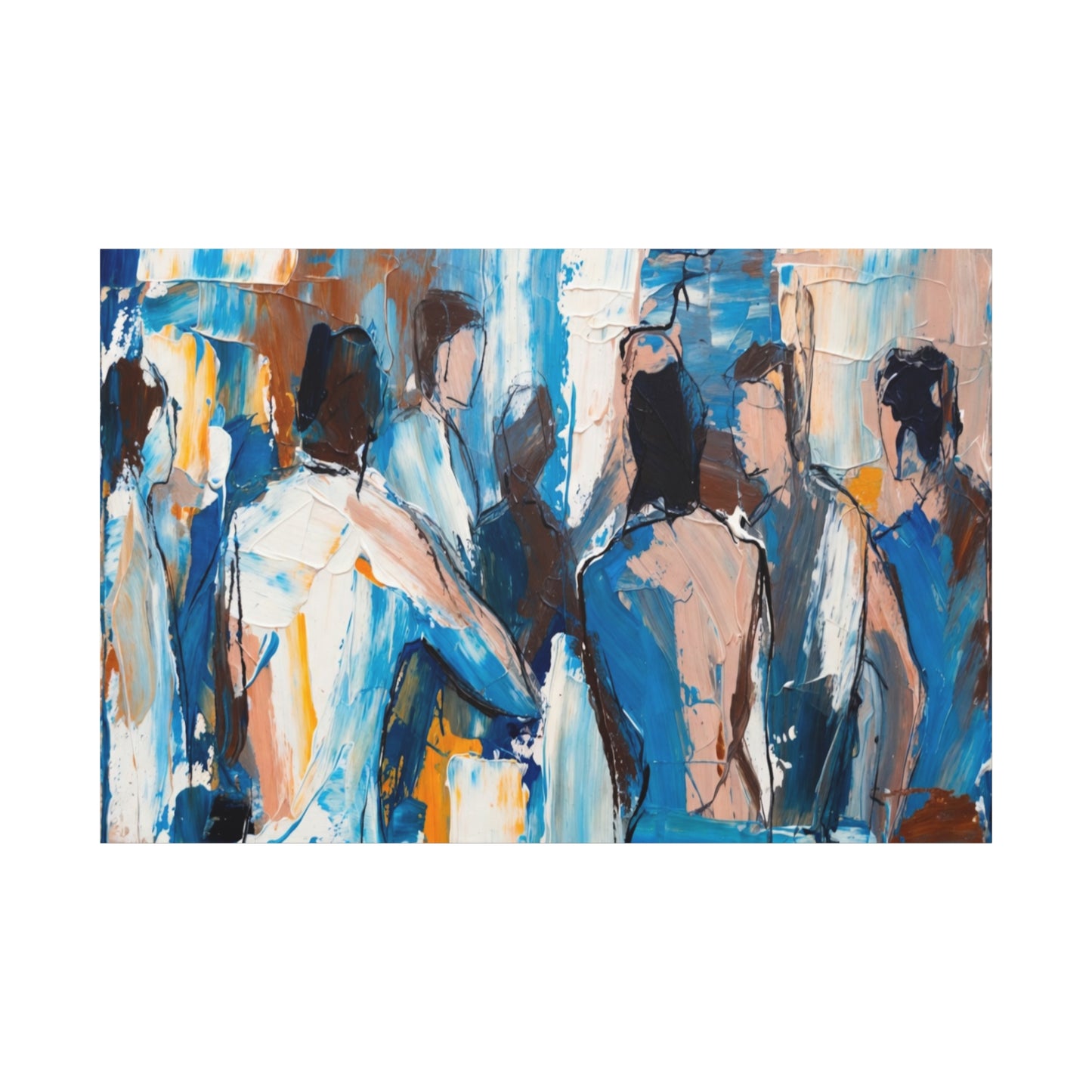 Abstract Figurative Canvas Art — Blue Social Scene Matte Stretched Canvas