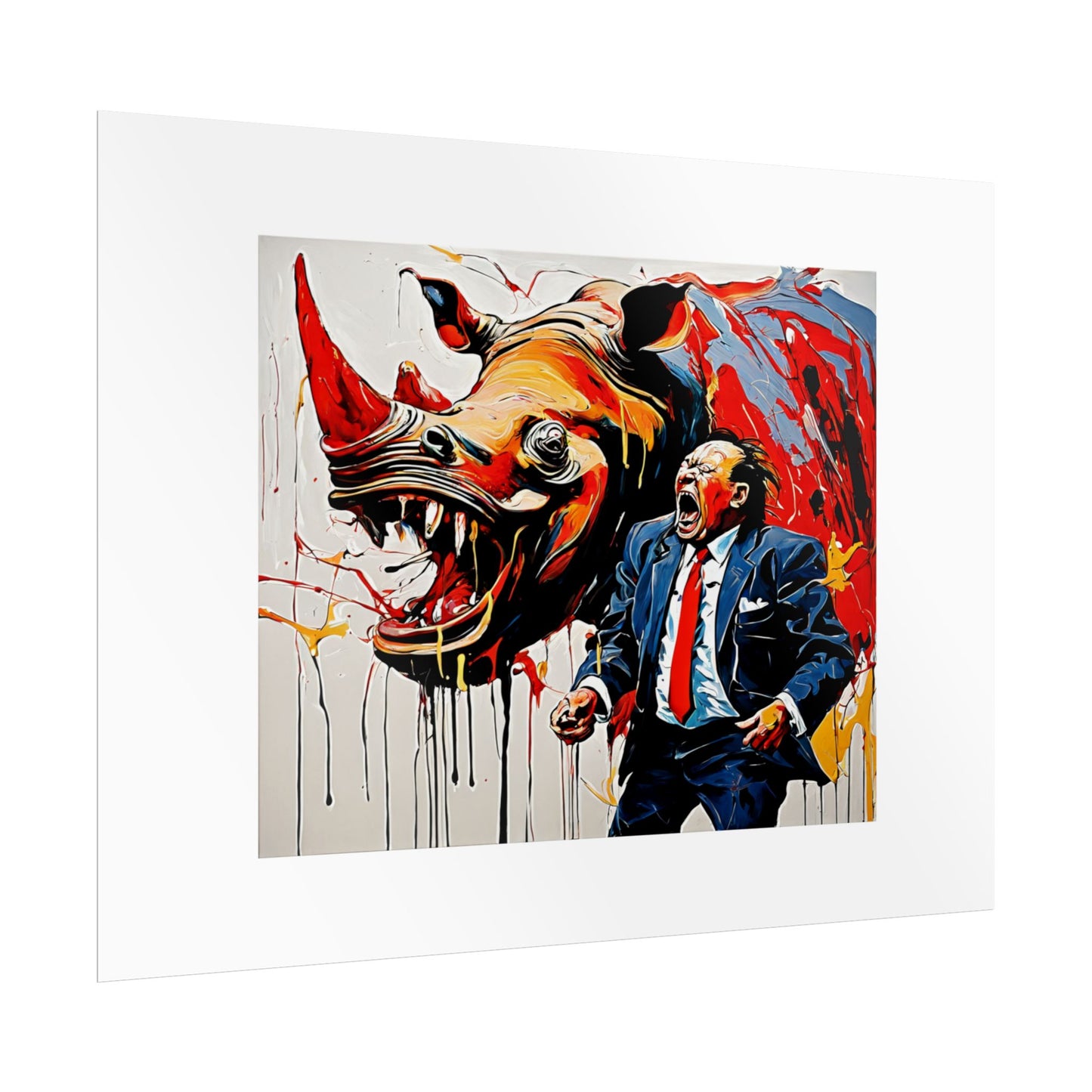 Rhinoceros wearing a business suit screaming aloud while seeing the stock price crash by Kazuo Shiraga Wall Art Print