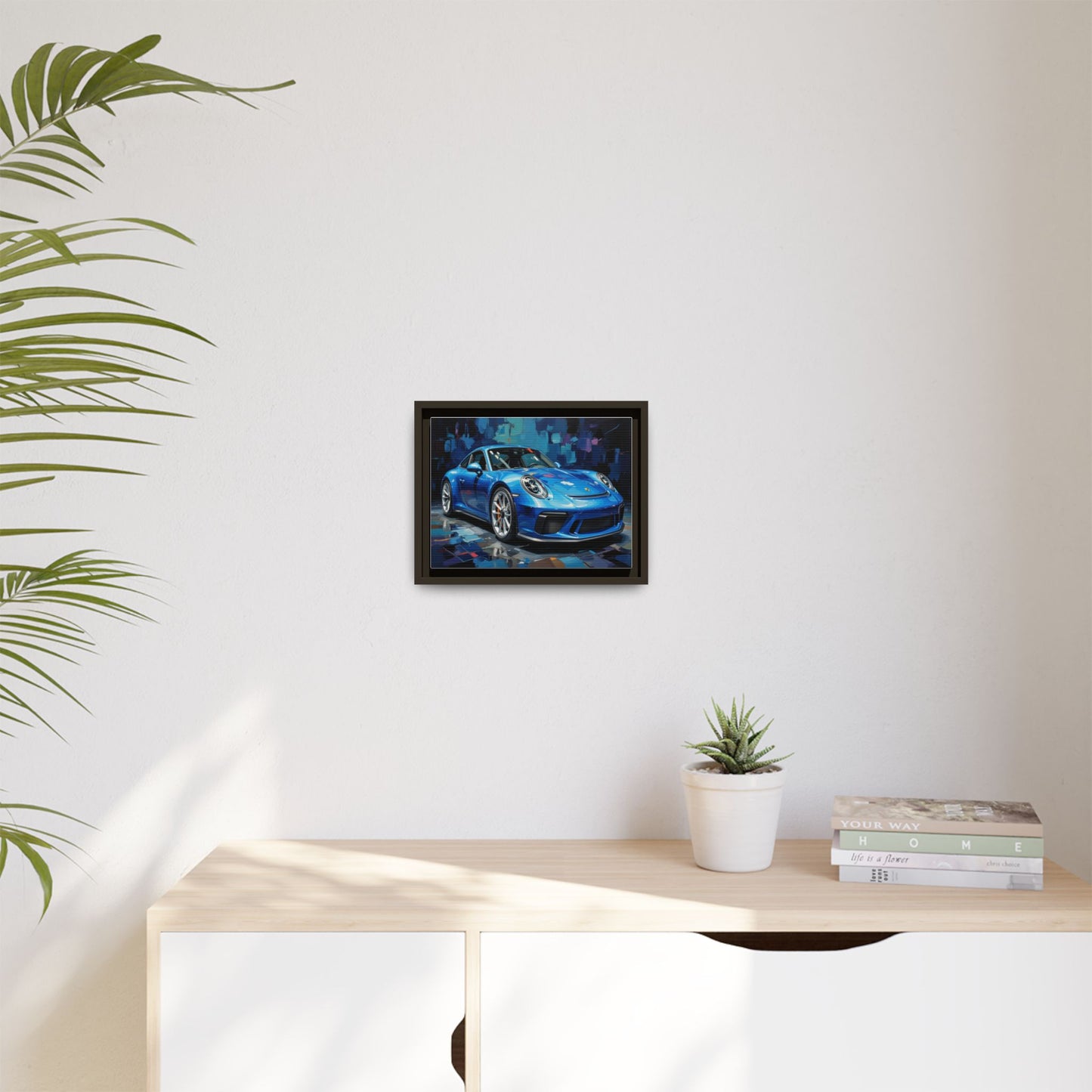 Blue Sports Car Matte Canvas Framed Print — Modern Automotive Wall Art