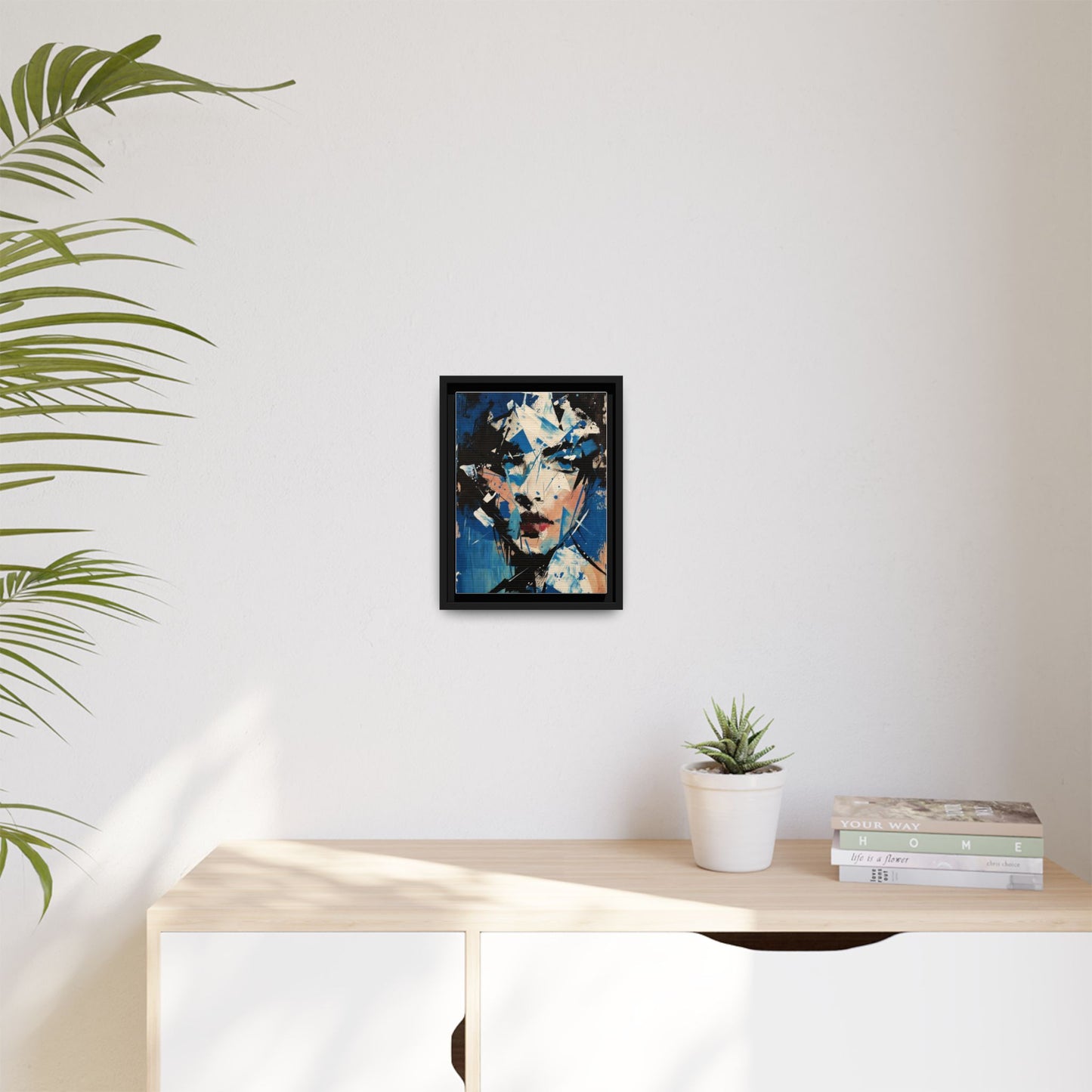 Abstract Portrait Matte Canvas Framed Wall Art — Blue Mixed-Media Face Print