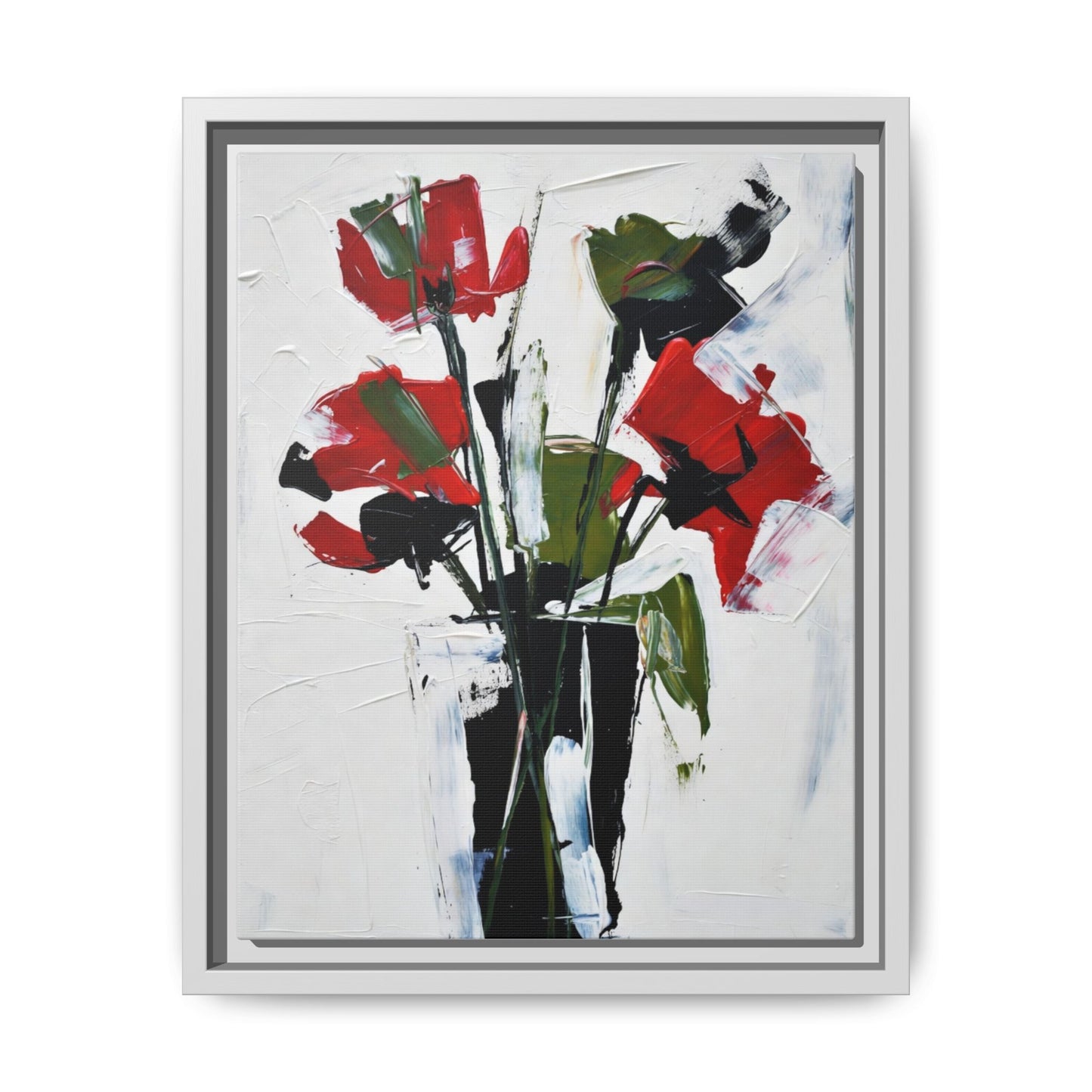Framed Abstract Floral Canvas Print — Red Poppies in Black Vase