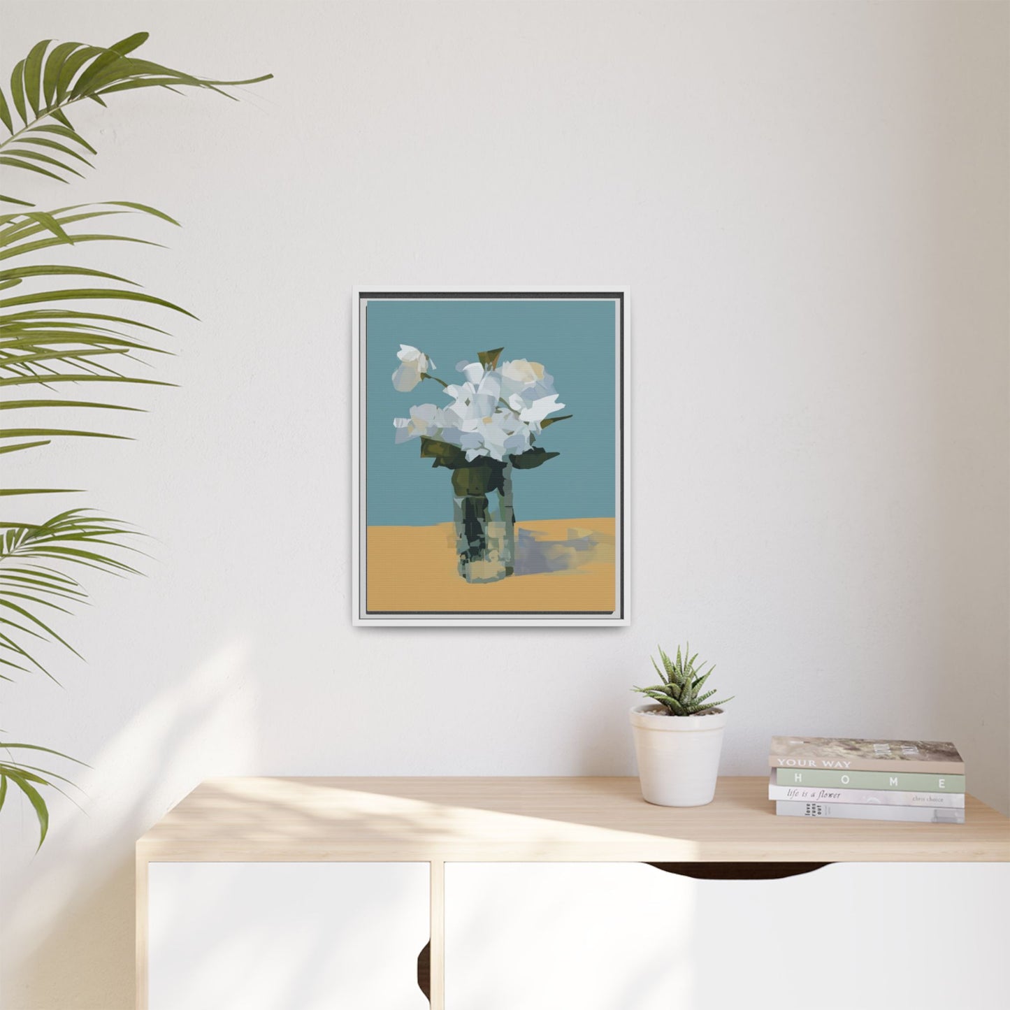 Framed Floral Still Life Canvas Art — Modern White Bouquet Wall Art