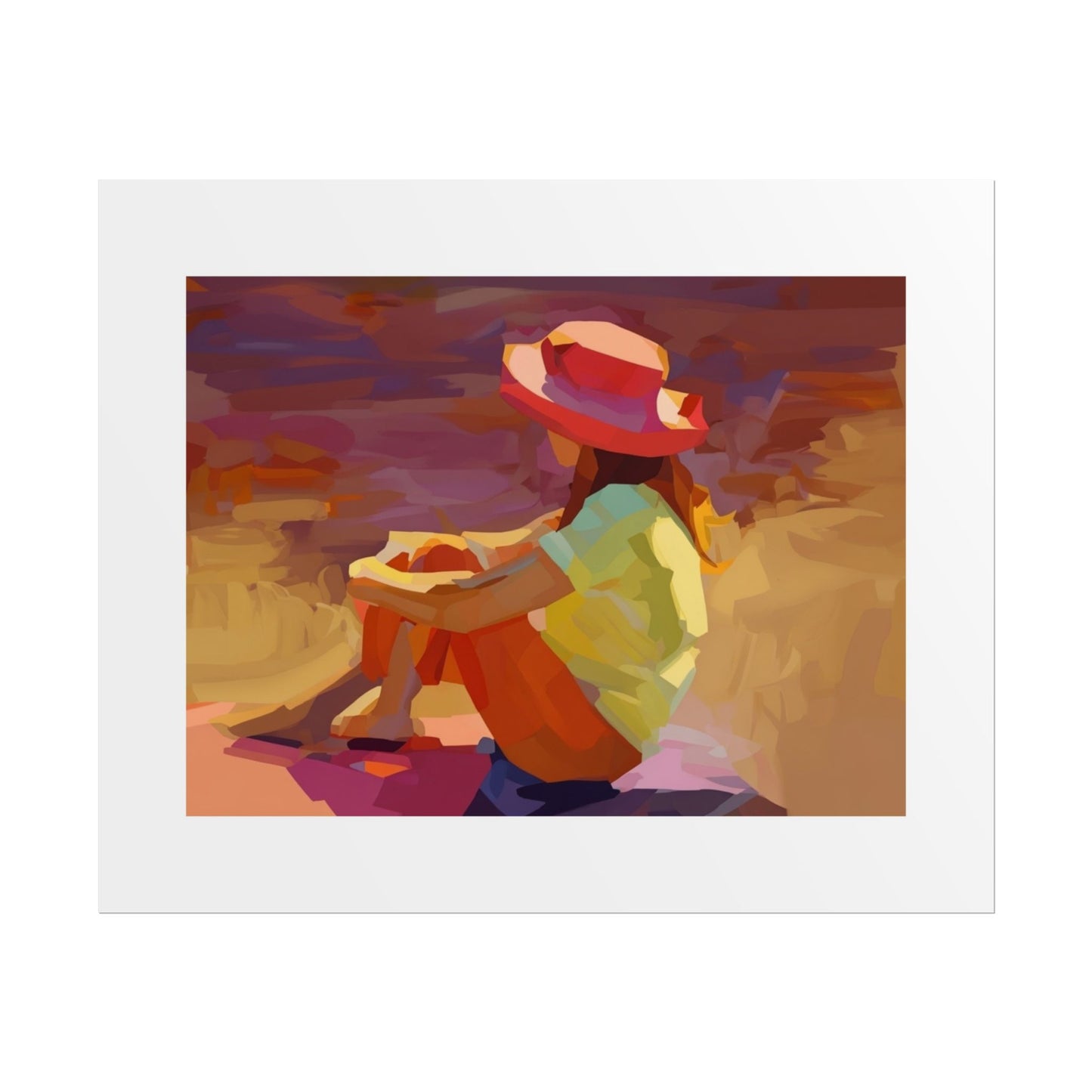 Sunset Daydream Rolled Poster — Colorful Girl in Hat Beach Art Print
