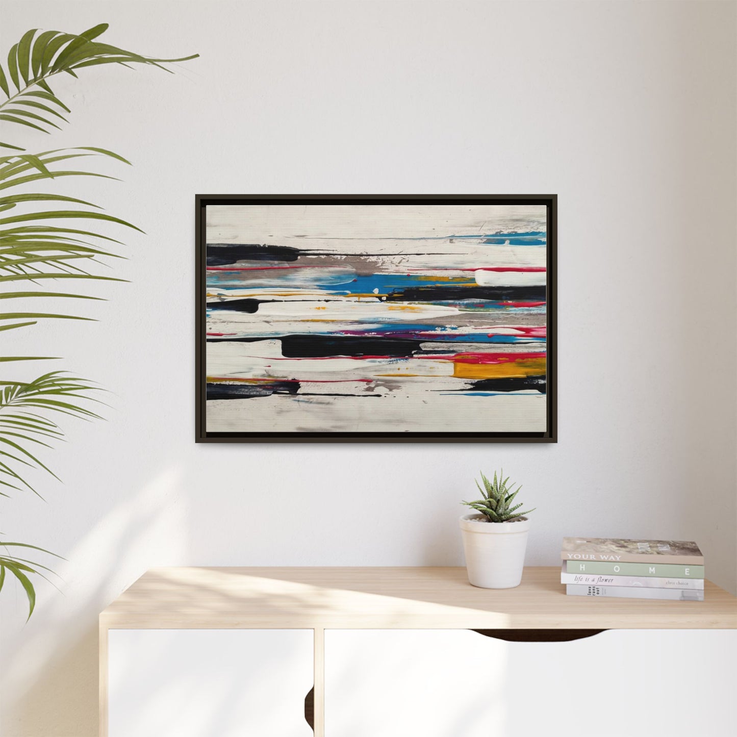 Abstract Multi-Color Framed Canvas Wall Art — Modern Horizontal Brushstroke Print