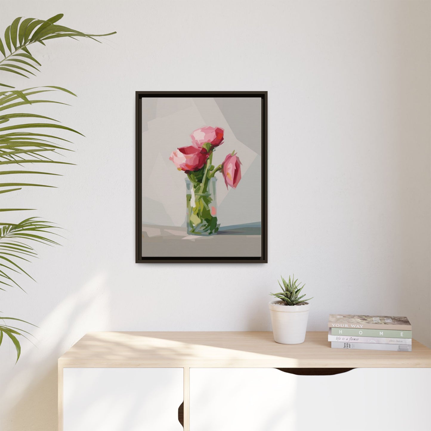 Framed Canvas Art — Pink Roses in Vase, Modern Floral Wall Print