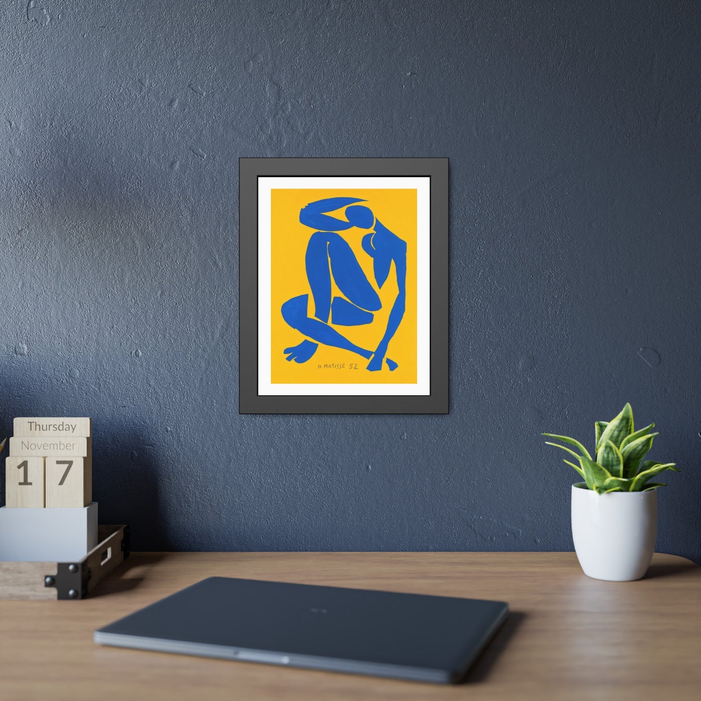 Framed Art Print - Blue Cutout Figure on Yellow (Matisse Style)