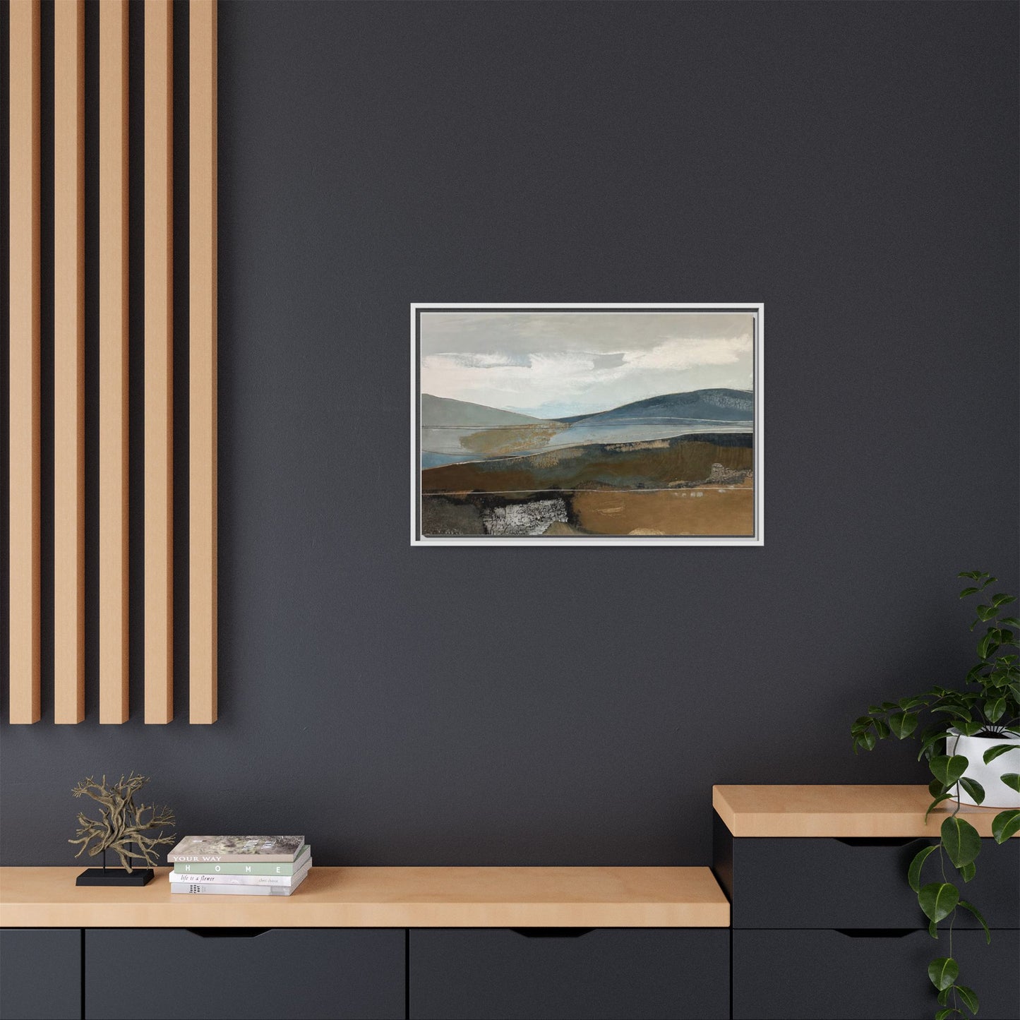 Framed Matte Canvas Landscape Art - Serene Abstract Hills in Blue & Earth Tones