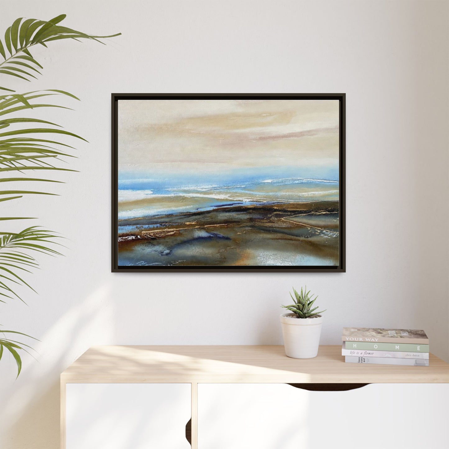 Framed Abstract Seascape Matte Canvas — Coastal Blue & Earth Tone Wall Art