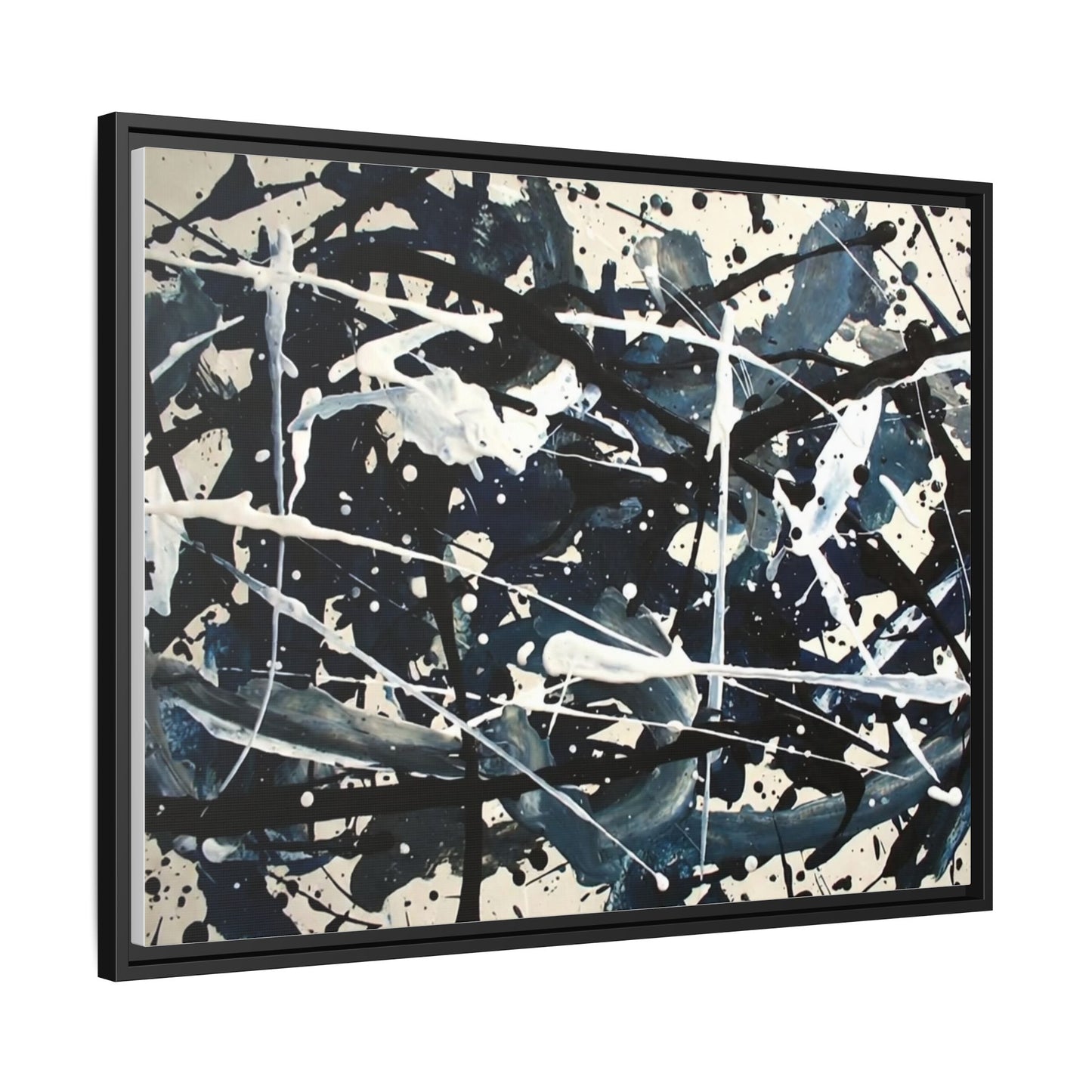 Abstract Splatter Matte Canvas Framed Wall Art — Black & Blue Modern Art Print