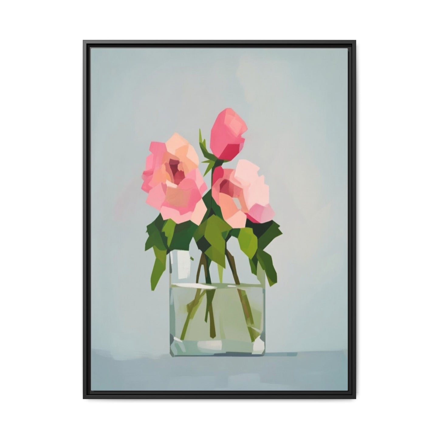 Framed Floral Canvas Print — Pink Roses in Glass Vase (Matte)