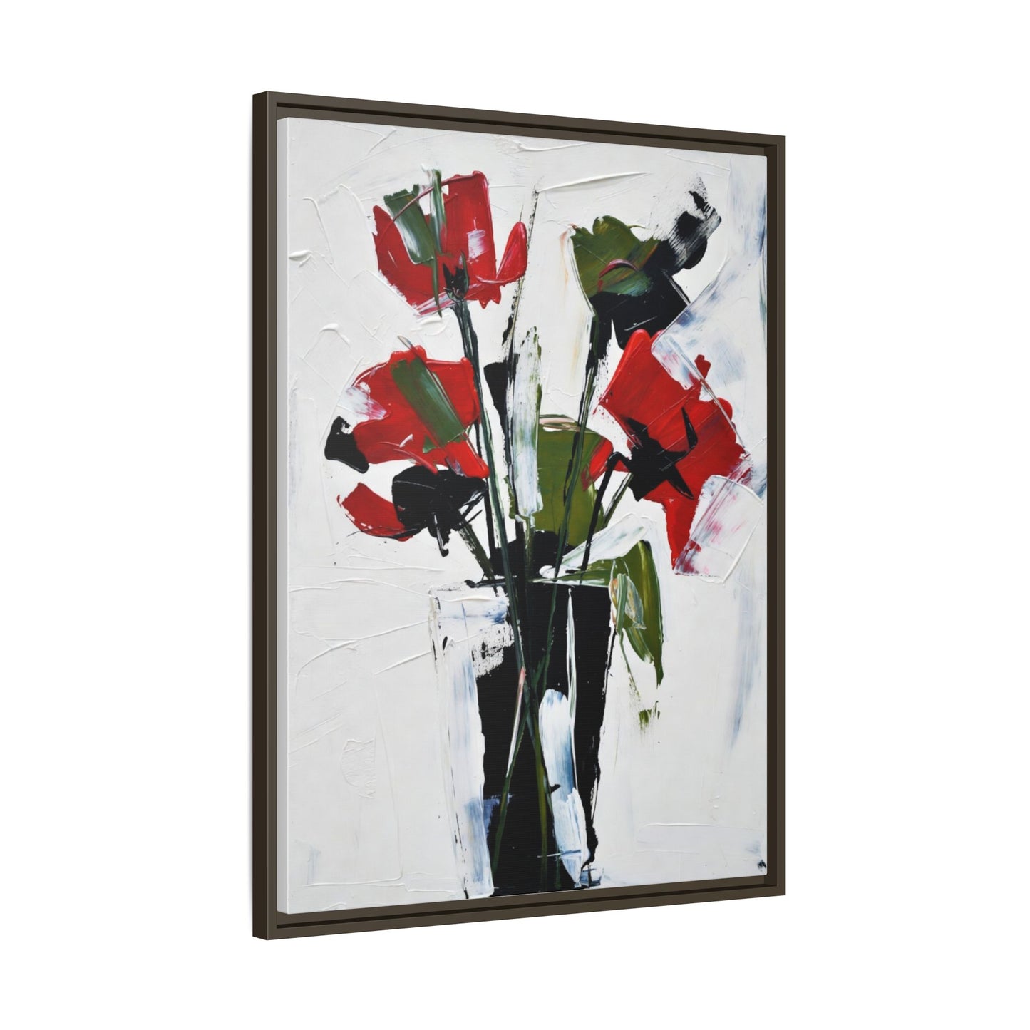 Framed Abstract Floral Canvas Print — Red Poppies in Black Vase