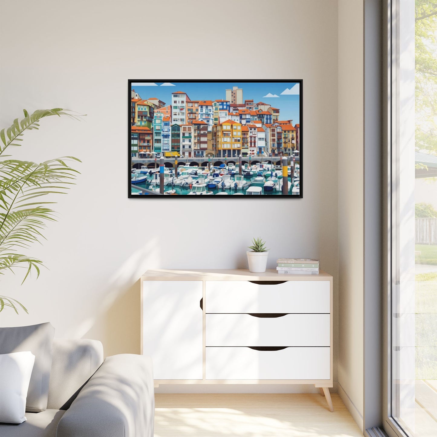 Framed Matte Canvas Print — Colorful Mediterranean Harbor Illustration
