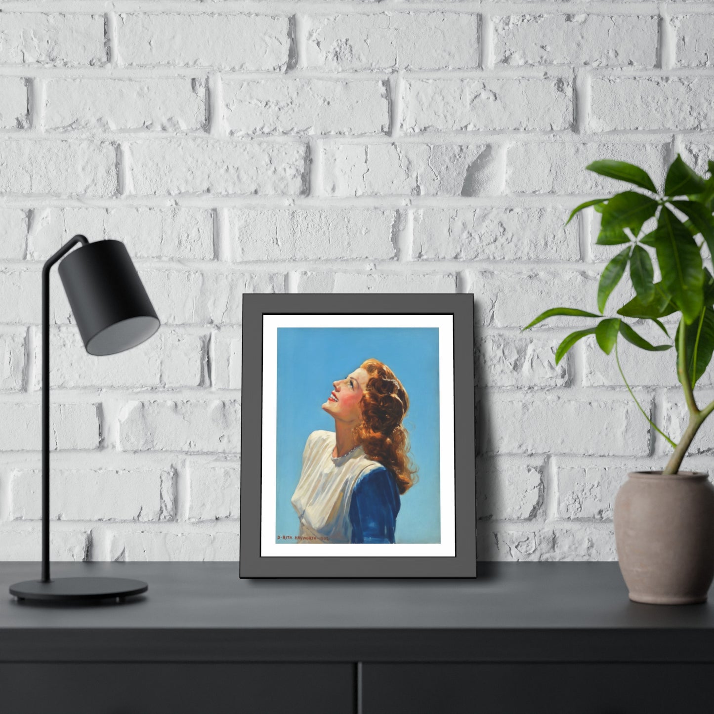 Vintage Rita Hayworth Looking Up Framed Art Print — Retro Mid-century Poster