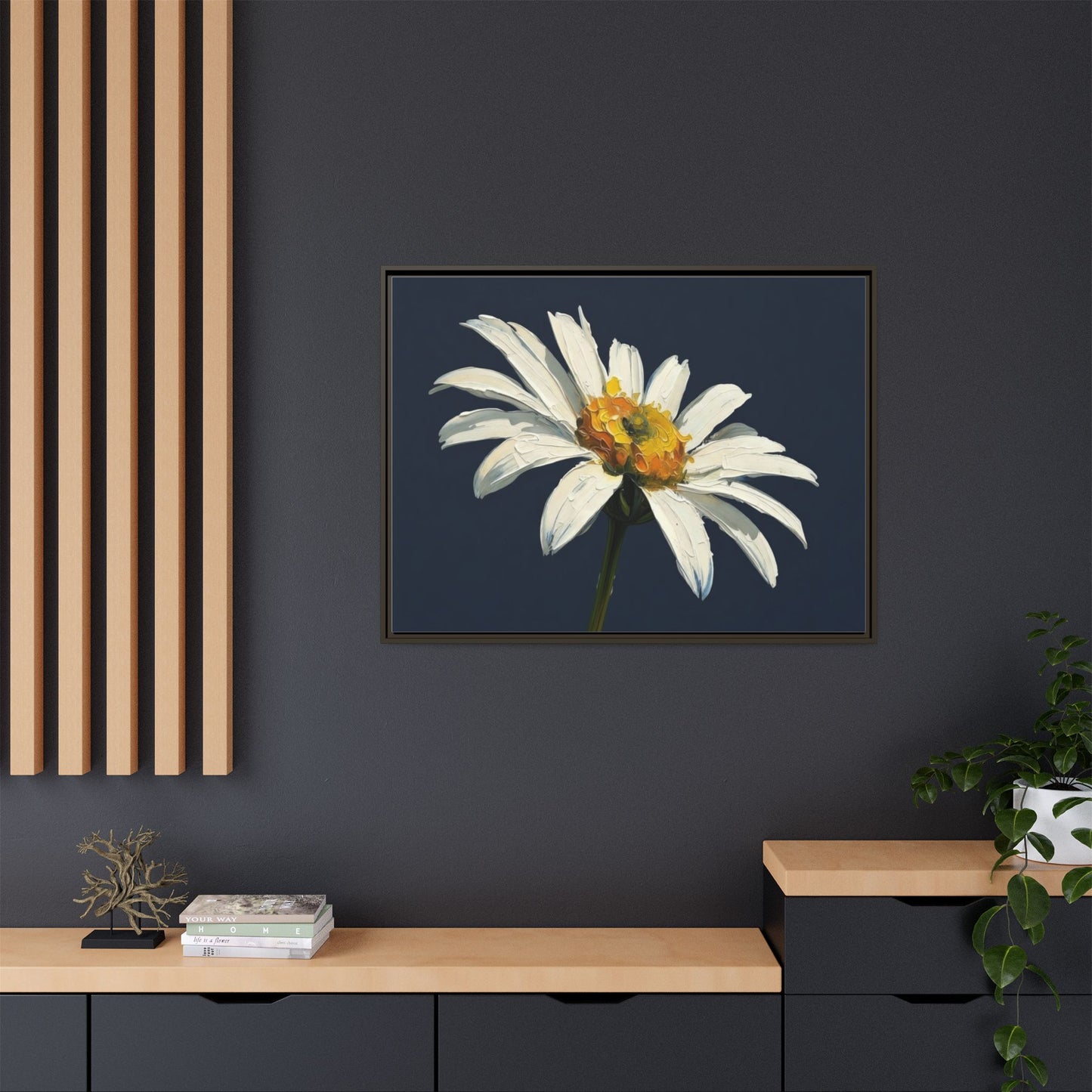 Framed Matte Canvas Daisy Wall Art — White Floral Painting on Navy