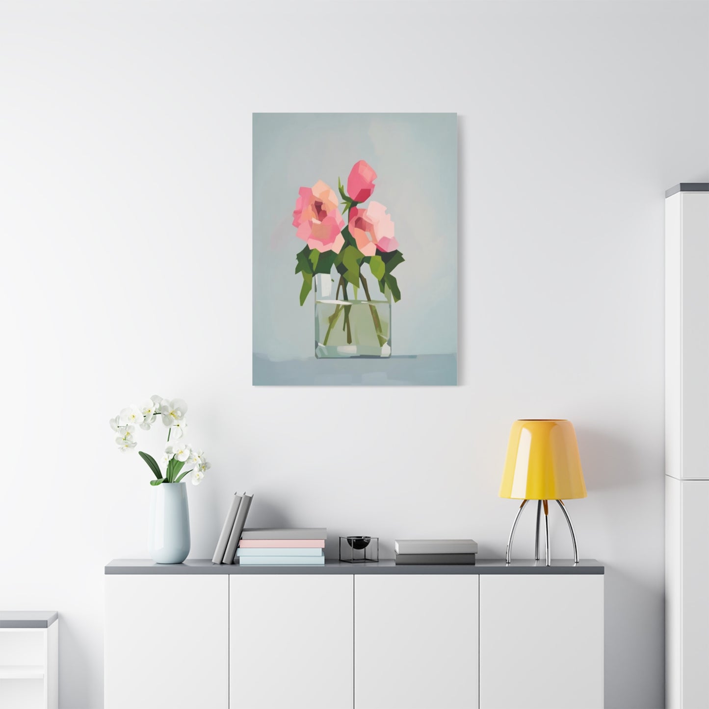Pink Roses in Square Vase - Matte Stretched Canvas Wall Art