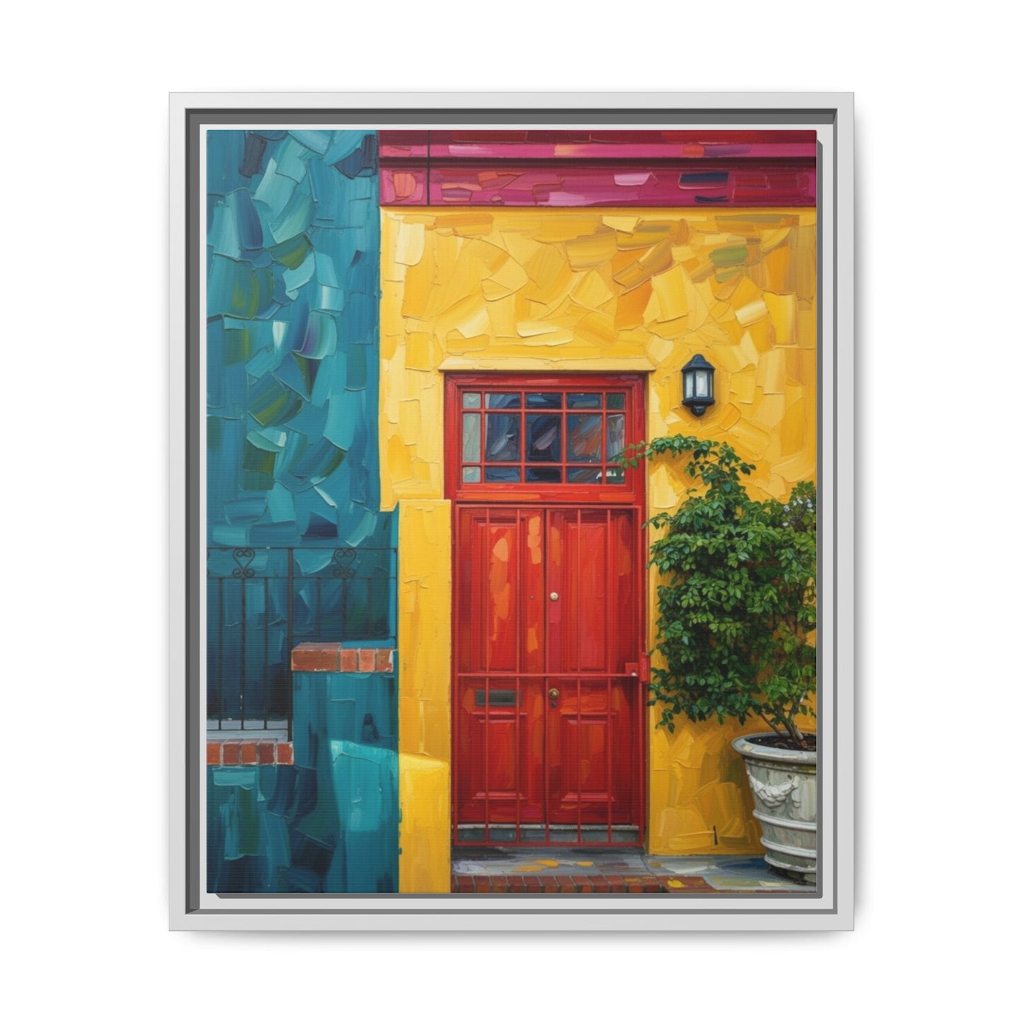 Framed Matte Canvas Wall Art — Colorful Red Door on Yellow Facade