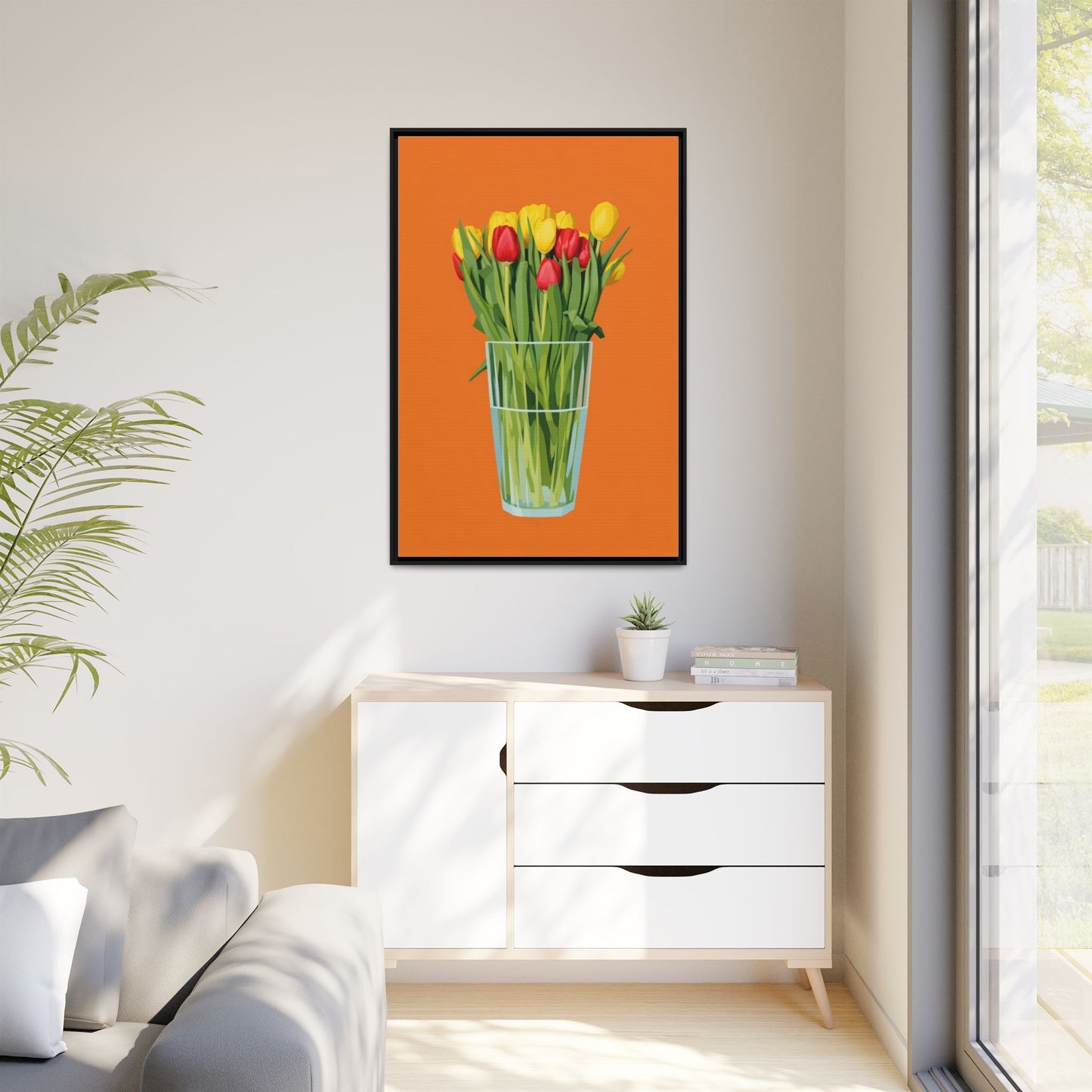 Framed Tulip Canvas Print — Colorful Tulips in Glass Vase