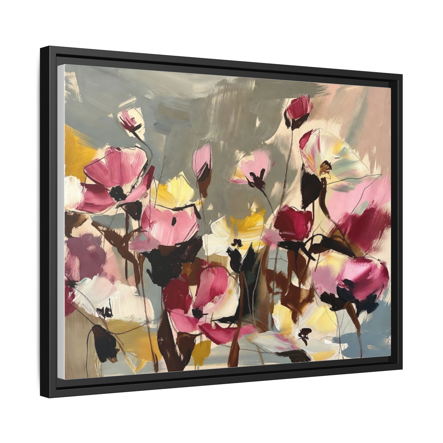 Framed Floral Canvas Wall Art — Abstract Pink & Yellow Flowers