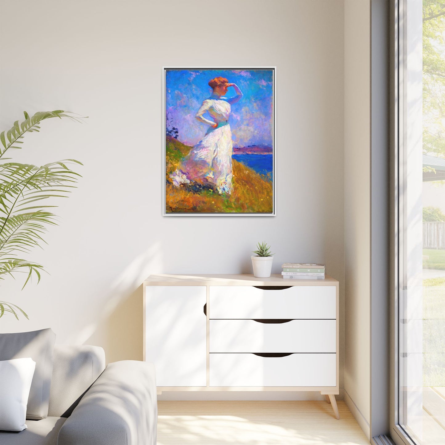 Framed Matte Canvas Art - Woman in White Seaside Impressionist Print