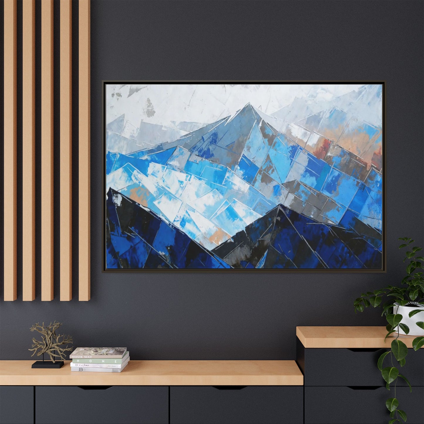 Framed Matte Canvas Blue Mountain Abstract Wall Art