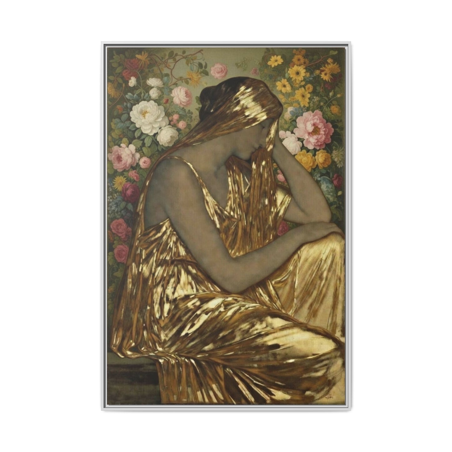 Framed Canvas Art Print — Golden Muse Woman with Floral Background