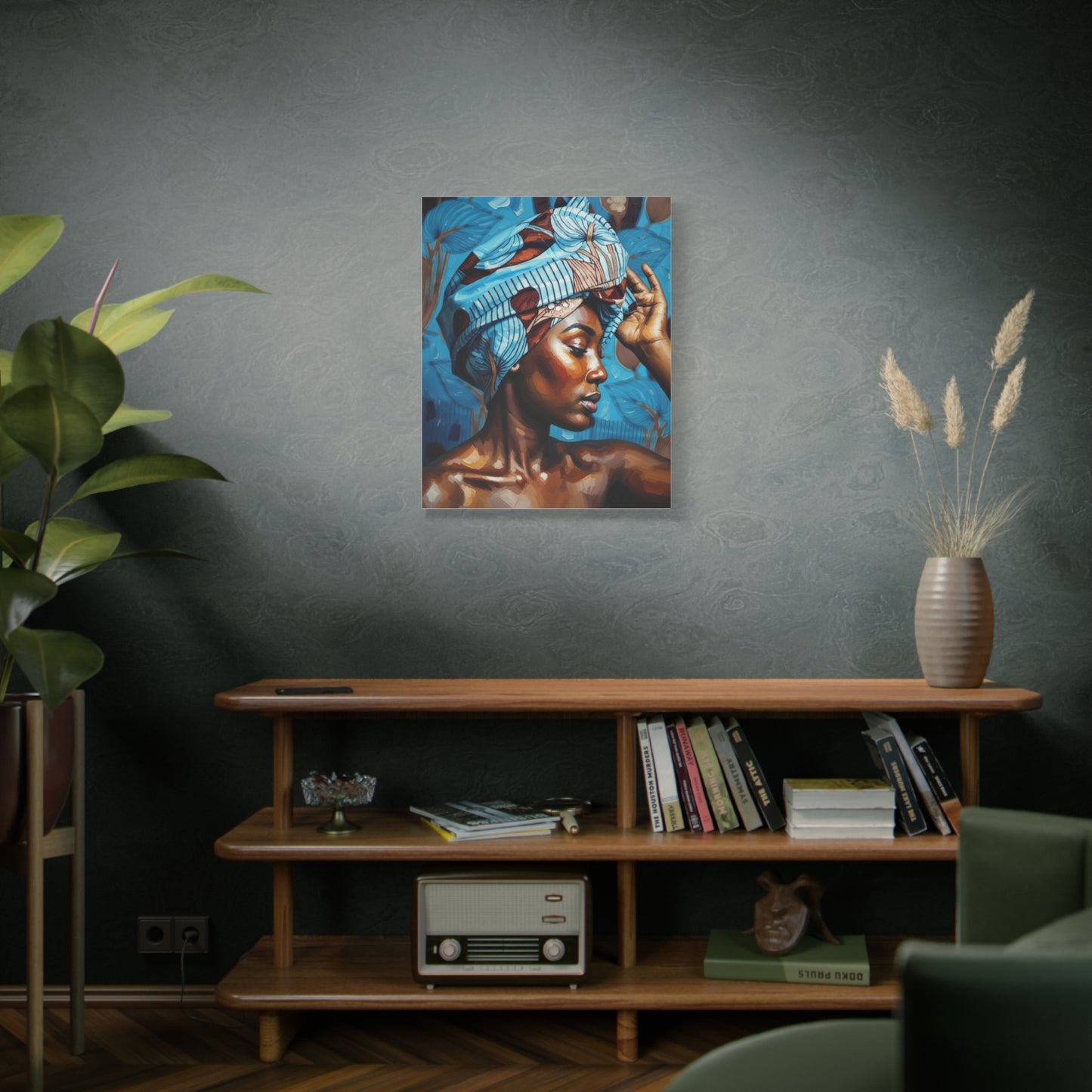 African Woman Portrait Canvas Wall Art - Blue Headwrap Matte Stretched Canvas
