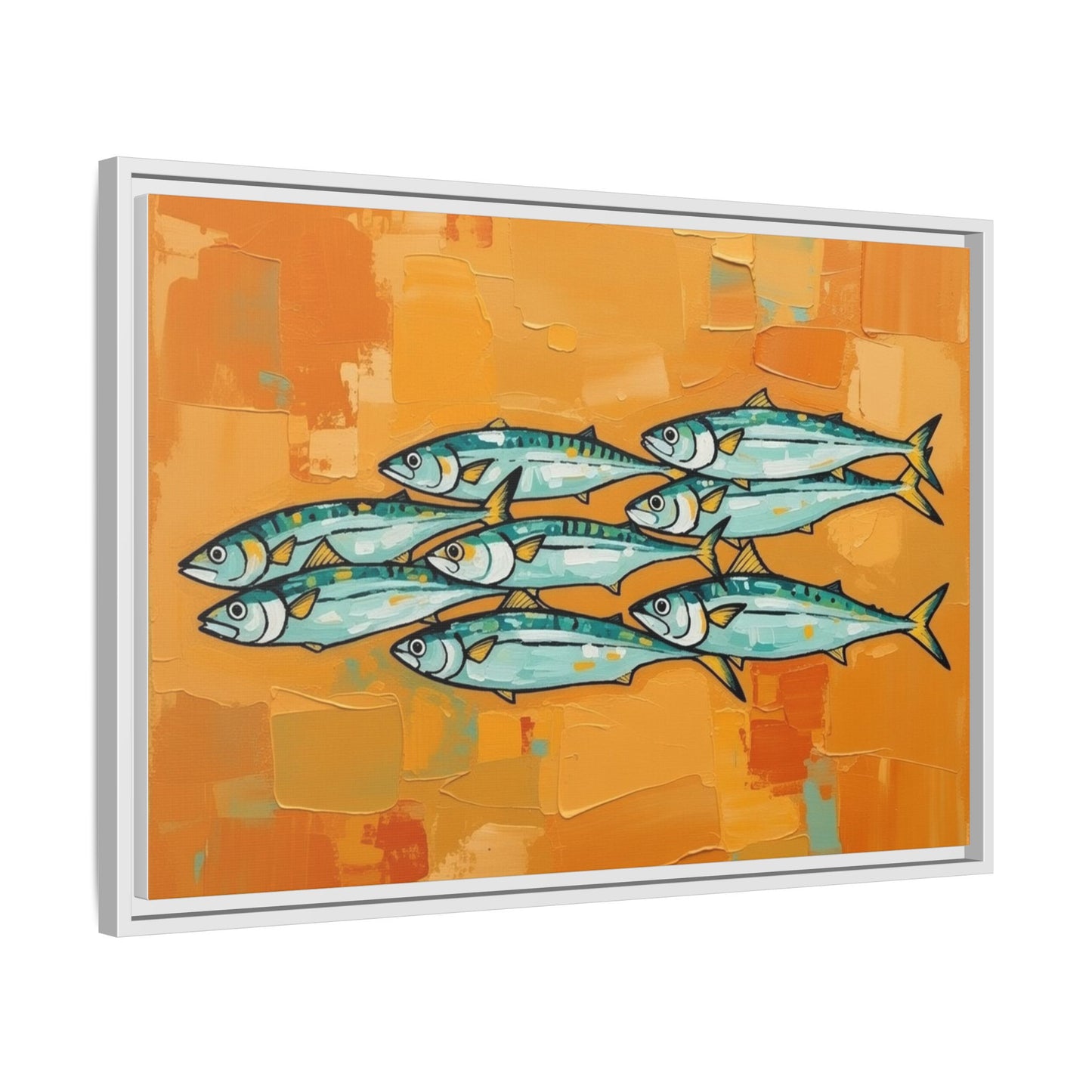 Framed Matte Canvas Print — School of Blue Fish on Orange Abstract Background