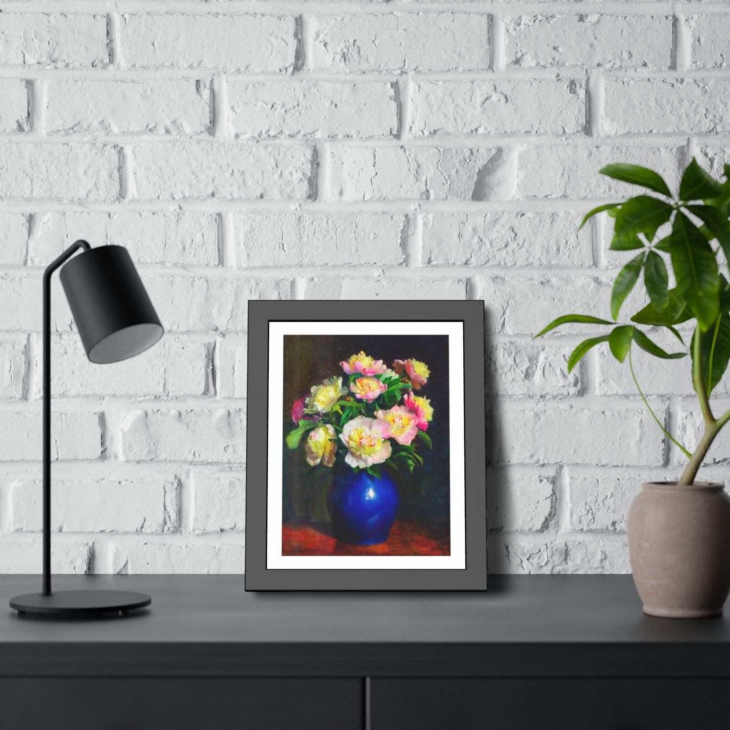 Framed Floral Poster — Pink Peonies in Blue Vase Wall Art
