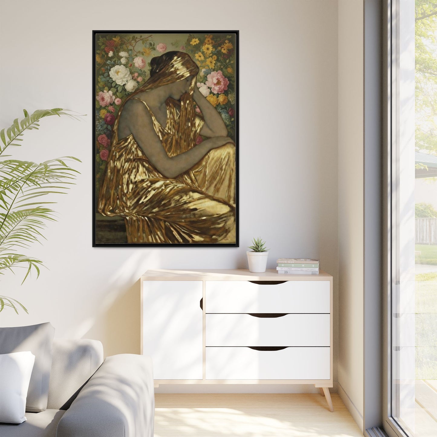 Framed Canvas Art Print — Golden Muse Woman with Floral Background