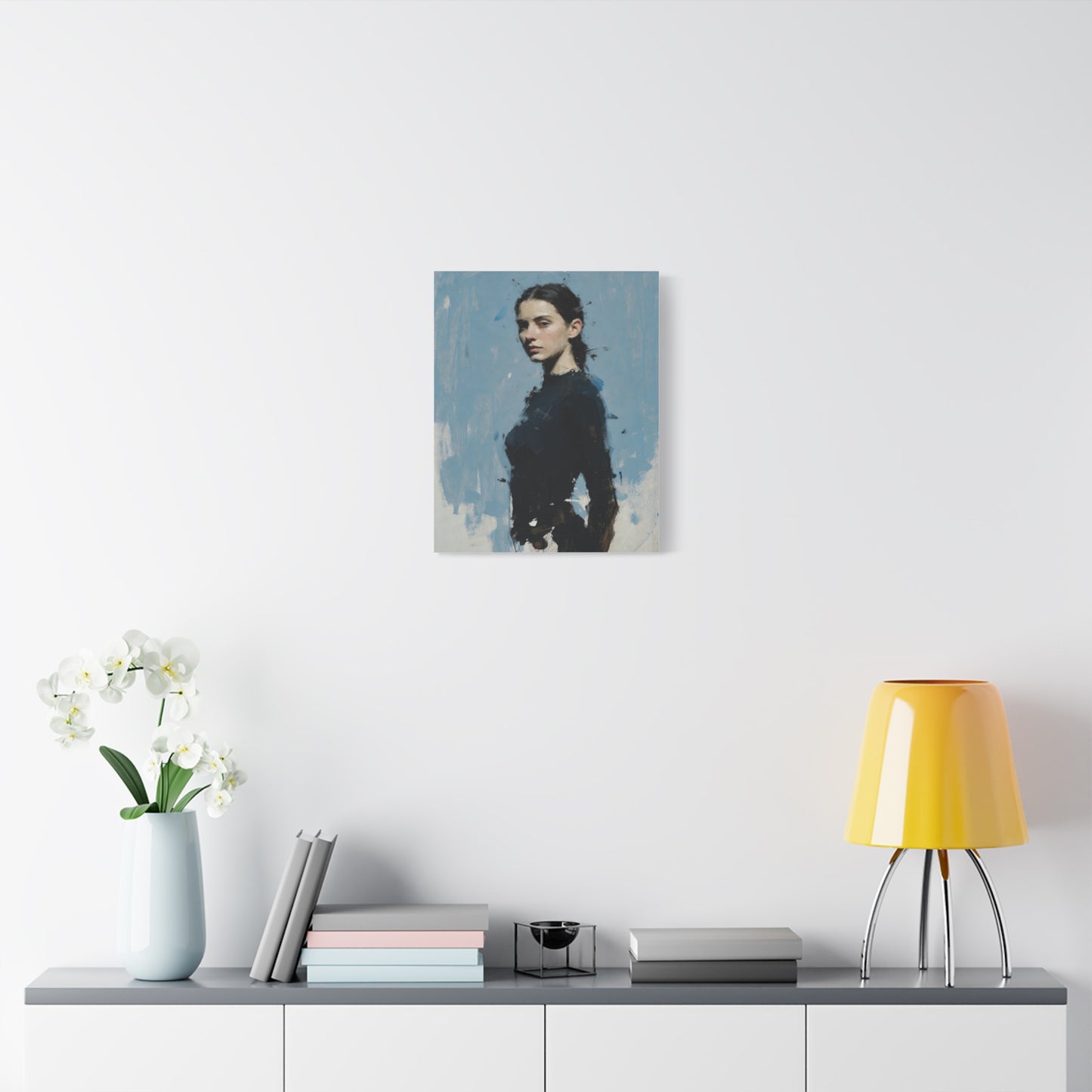 Matte Stretched Canvas Print — Portrait of a Young Woman, Moody Blue Figurative Art
