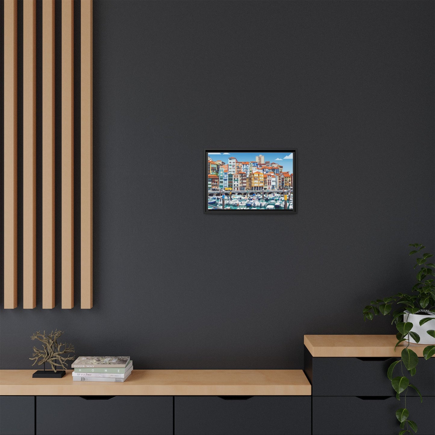 Framed Matte Canvas Print — Colorful Mediterranean Harbor Illustration
