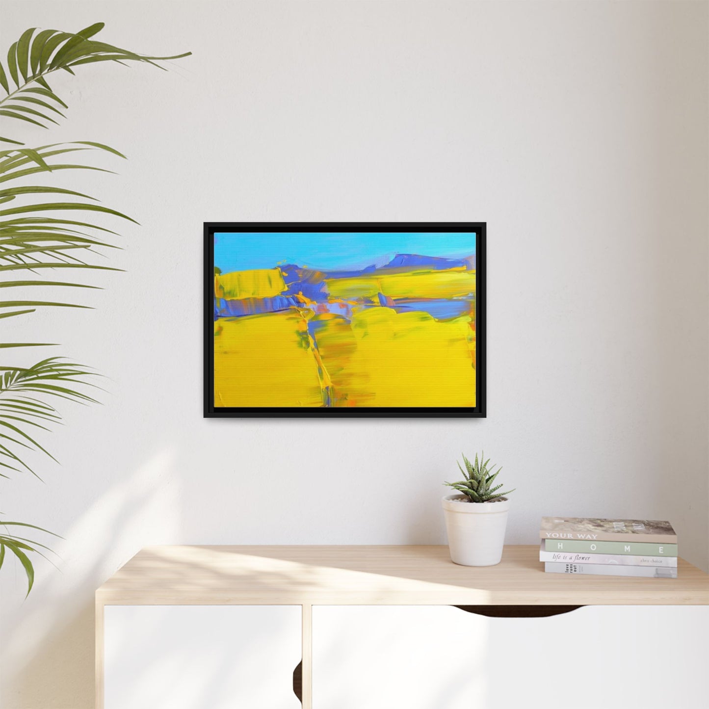 Framed Matte Canvas  Vibrant Yellow Blue Abstract Landscape Art