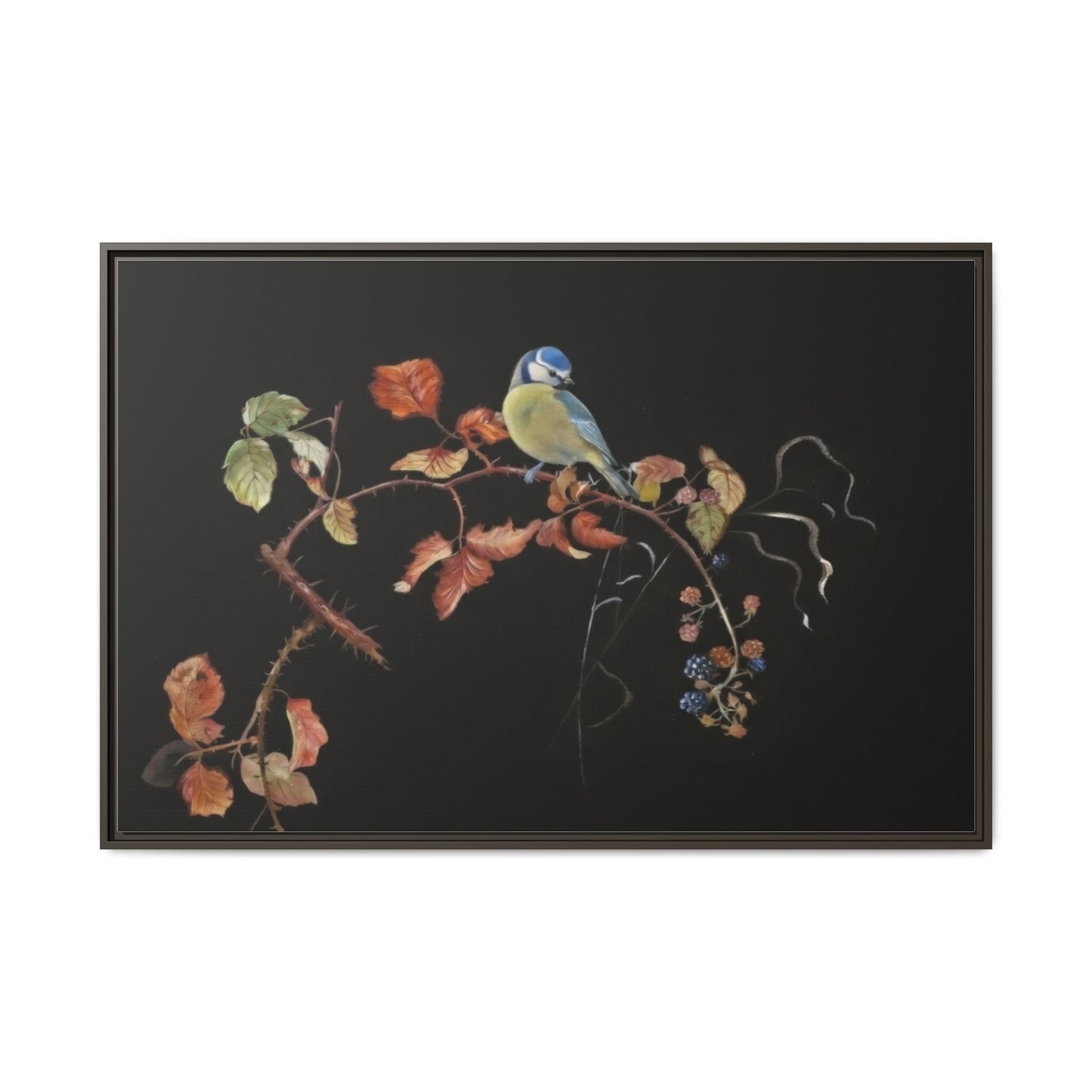 Framed Matte Canvas - Blue Tit on Autumn Branch Wall Art