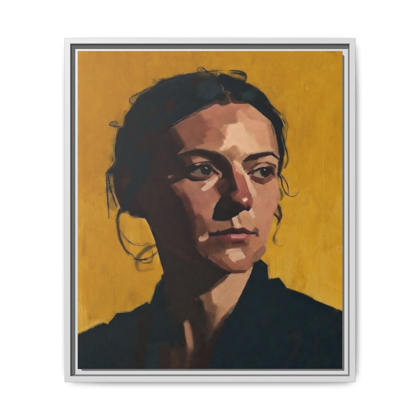Framed Matte Canvas Portrait Art — Moody Woman on Mustard Background