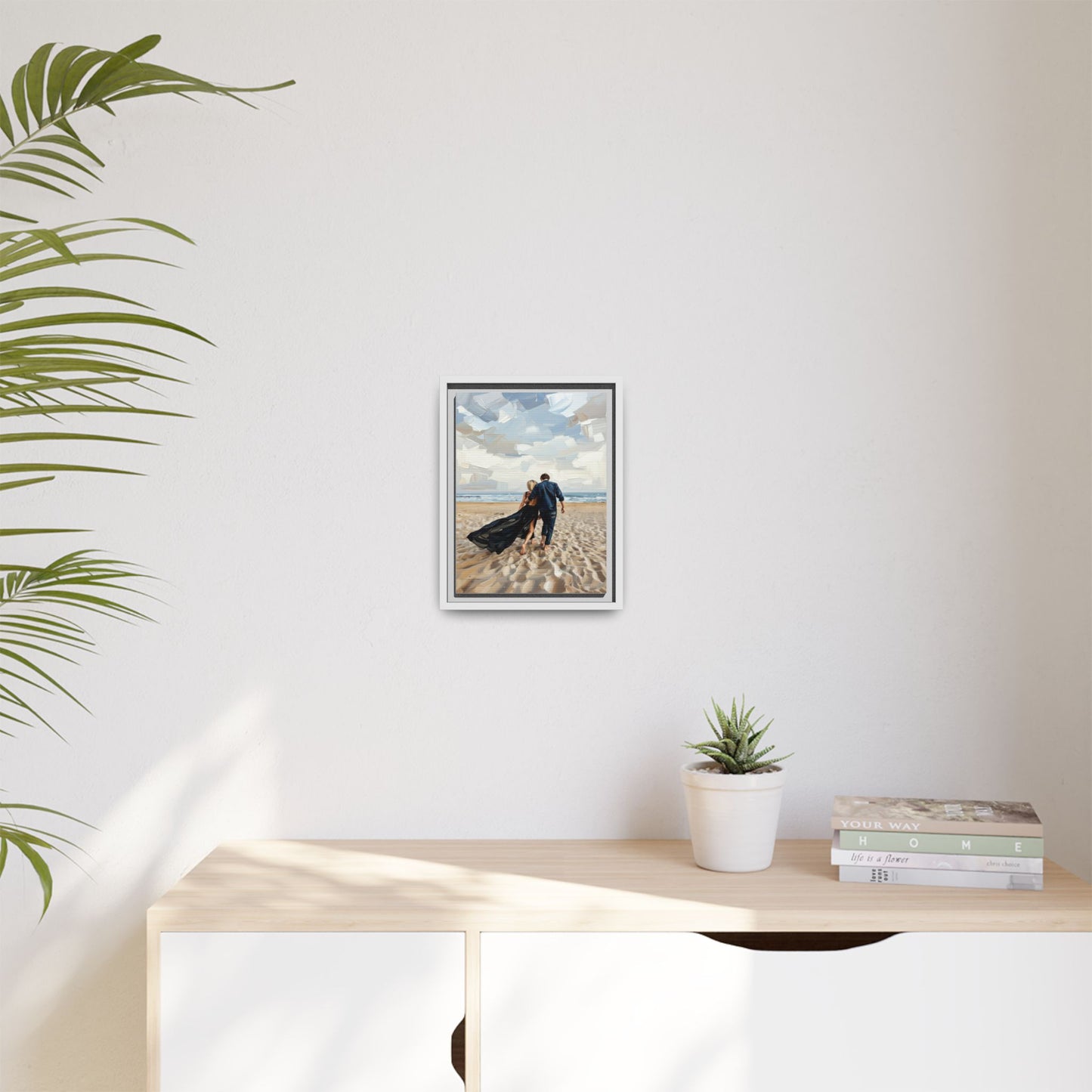 Framed Canvas Wall Art — Romantic Couple Walking on Beach Print