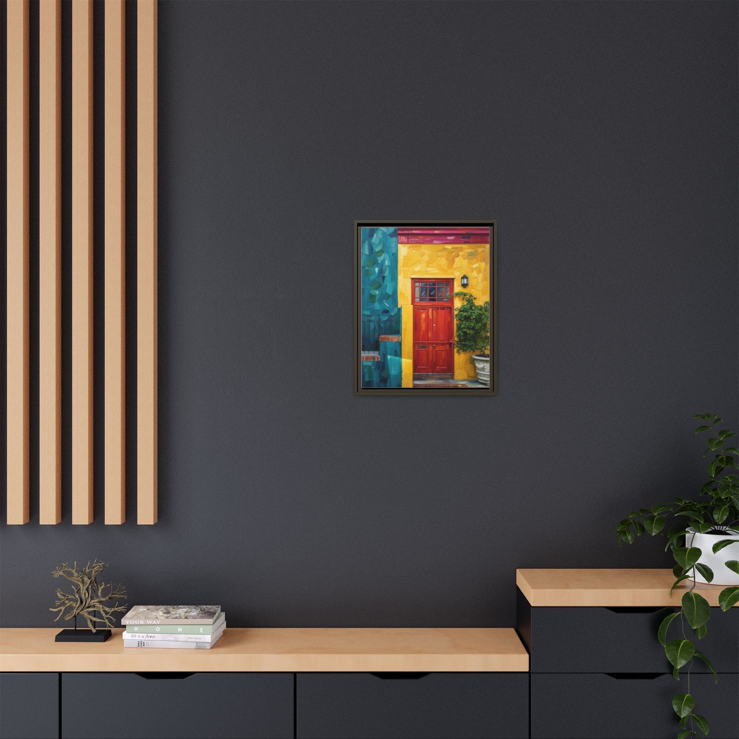 Framed Matte Canvas Wall Art — Colorful Red Door on Yellow Facade