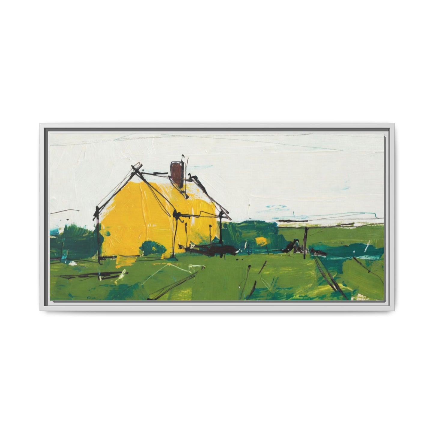 Yellow Cottage Landscape Framed Canvas Print