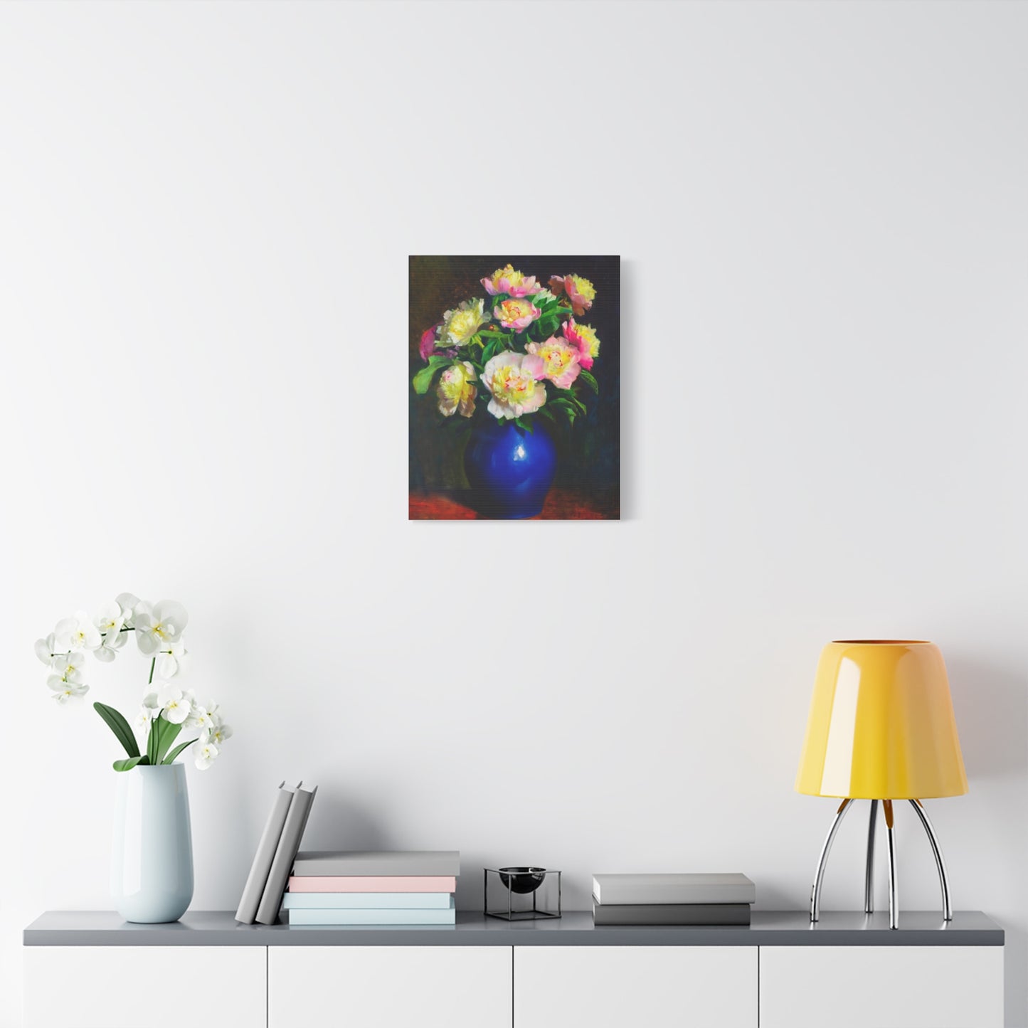 Peony Bouquet Canvas Print — Pink Peonies in Blue Vase, Stretched Matte Wall Art