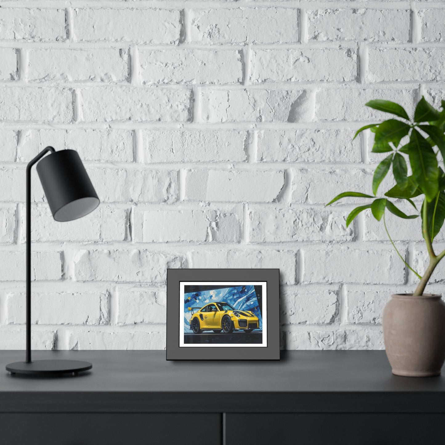 Framed Poster - Yellow Porsche Sports Car Art Print (Modern Automotive Wall Decor)