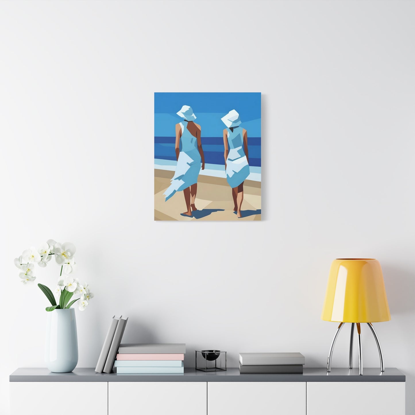 Beach Stroll Canvas Print — Two Women in Blue Sun Hats Matte Stretched