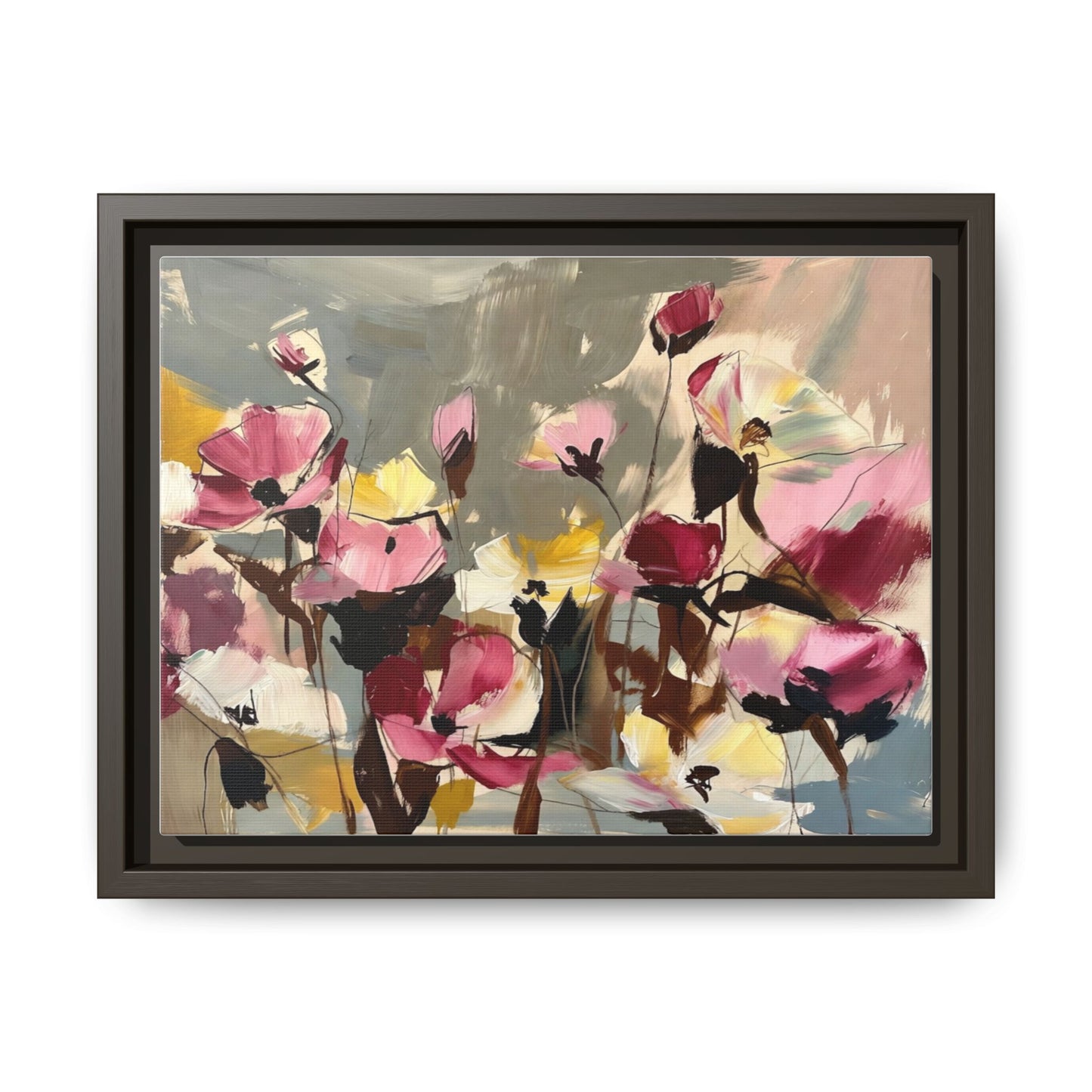 Framed Floral Canvas Wall Art — Abstract Pink & Yellow Flowers
