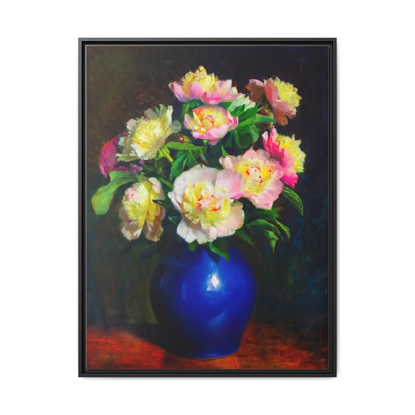 Framed Matte Canvas Wall Art — Vintage Floral Bouquet in Blue Vase