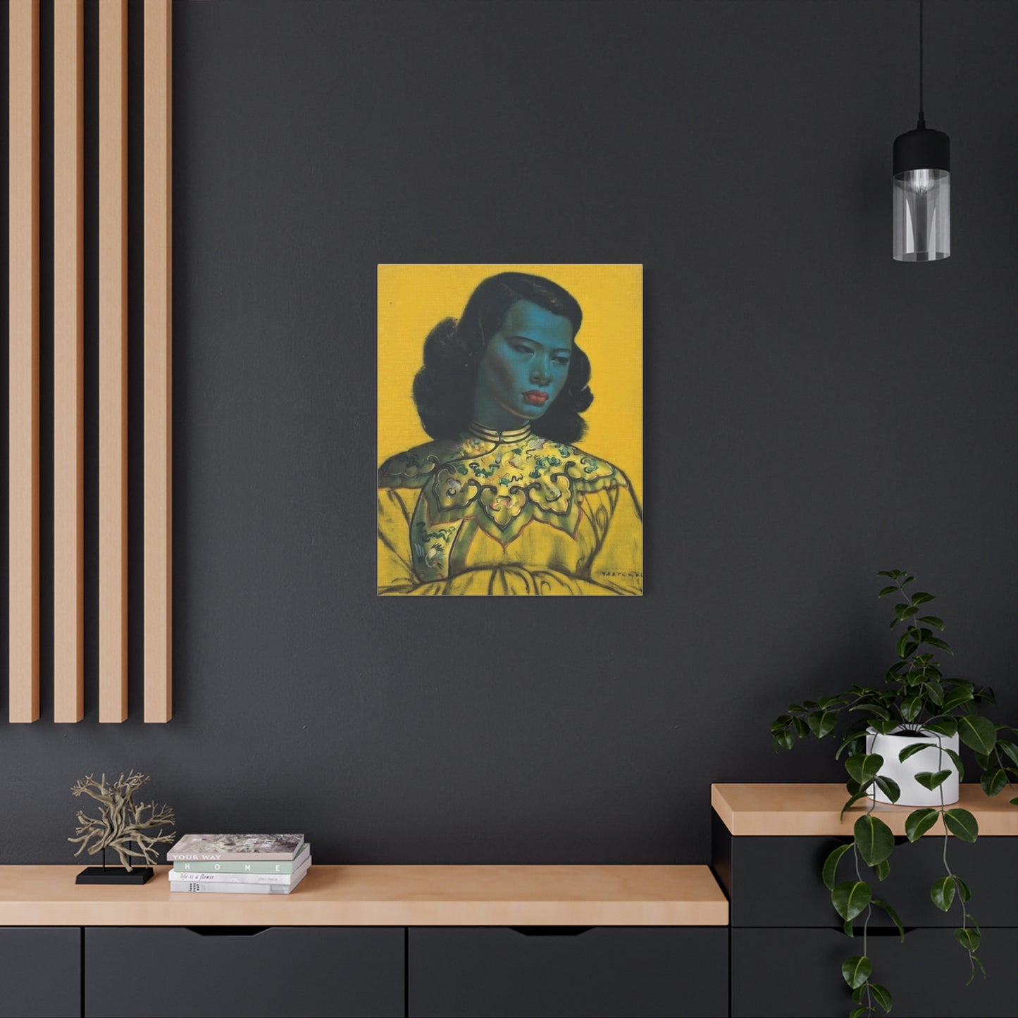 Vintage Portrait Canvas Print — Mid-Century Asian Woman Art on Yellow Background