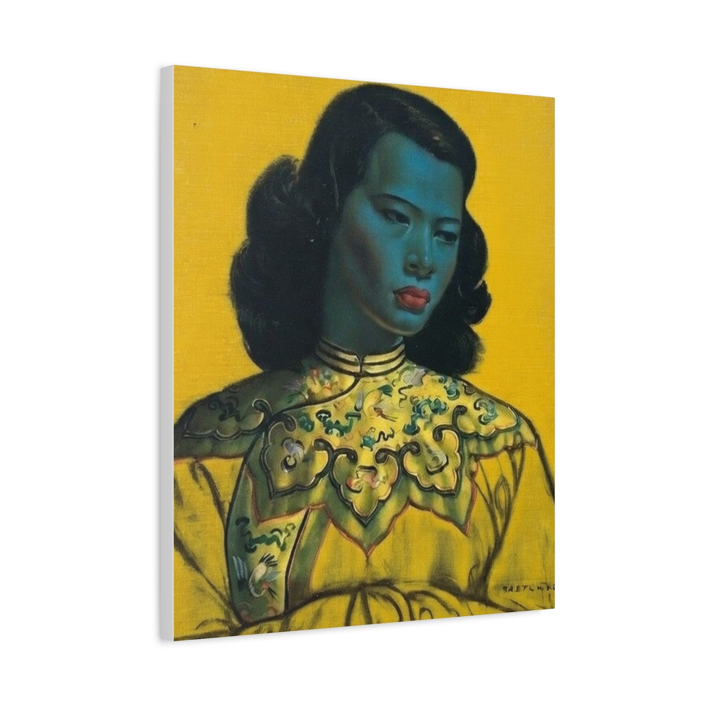 Vintage Portrait Canvas Print — Mid-Century Asian Woman Art on Yellow Background