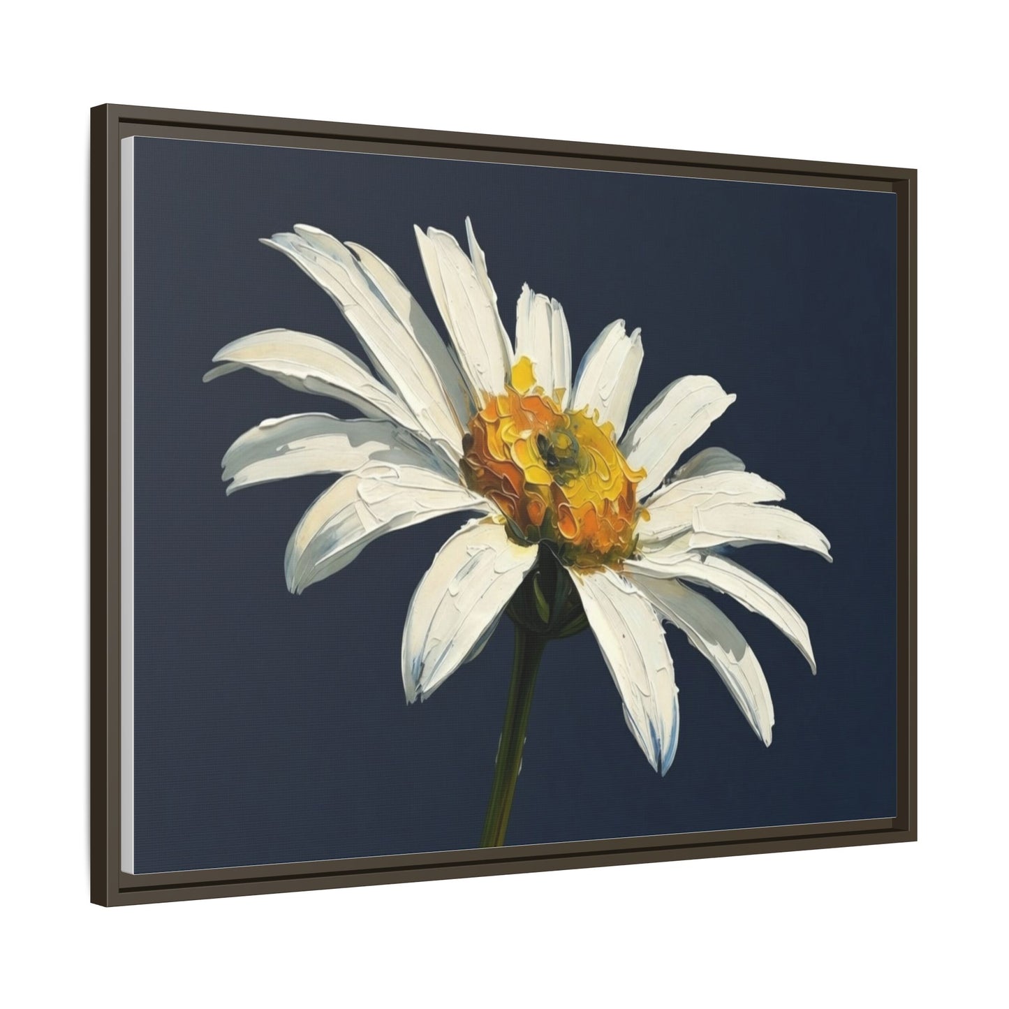 Framed Matte Canvas Daisy Wall Art — White Floral Painting on Navy