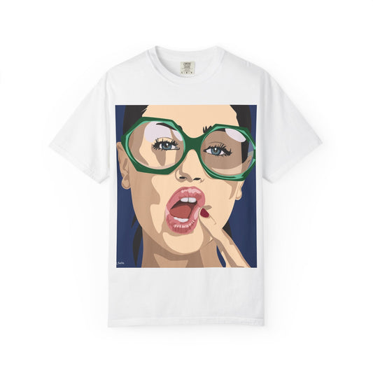 Pop Art Woman Graphic T‑Shirt — Retro Chic Green Glasses Design