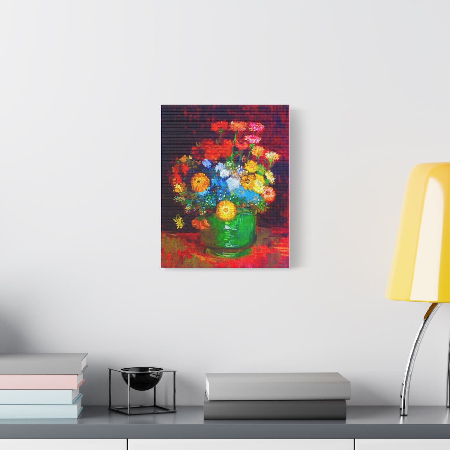 Floral Still Life Canvas Print — Vibrant Bouquet in Green Vase