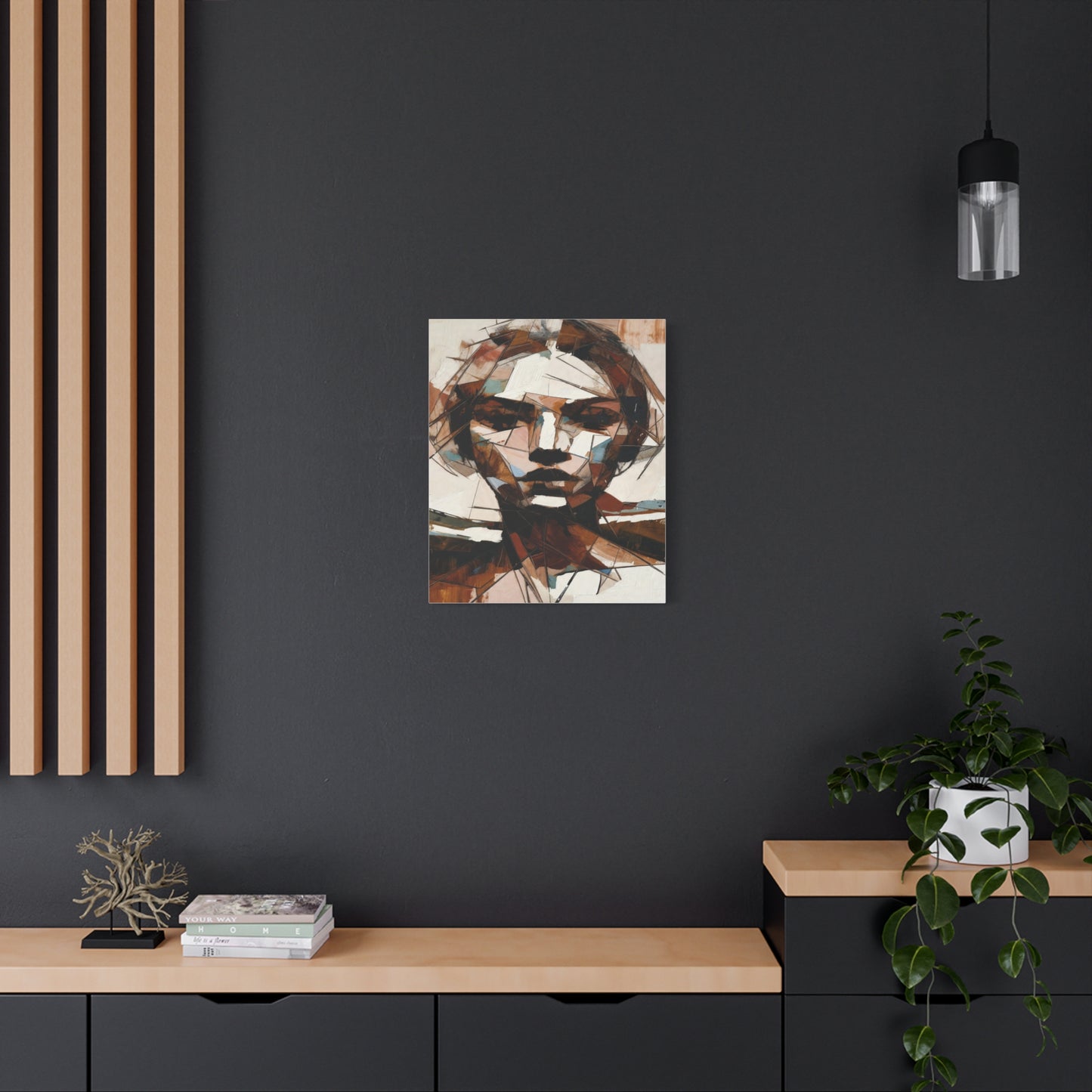 Abstract Geometric Portrait Canvas Print — Modern Brown & Teal Wall Art