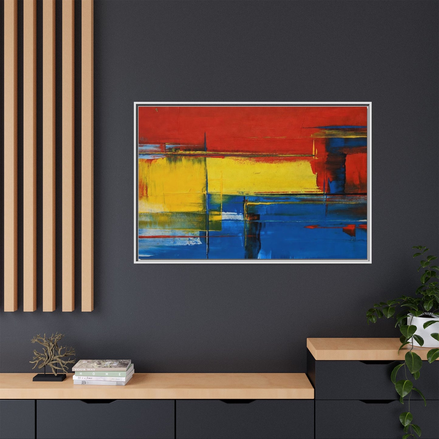 Abstract Color Block Matte Canvas Framed Wall Art — Modern Red Yellow Blue Painting