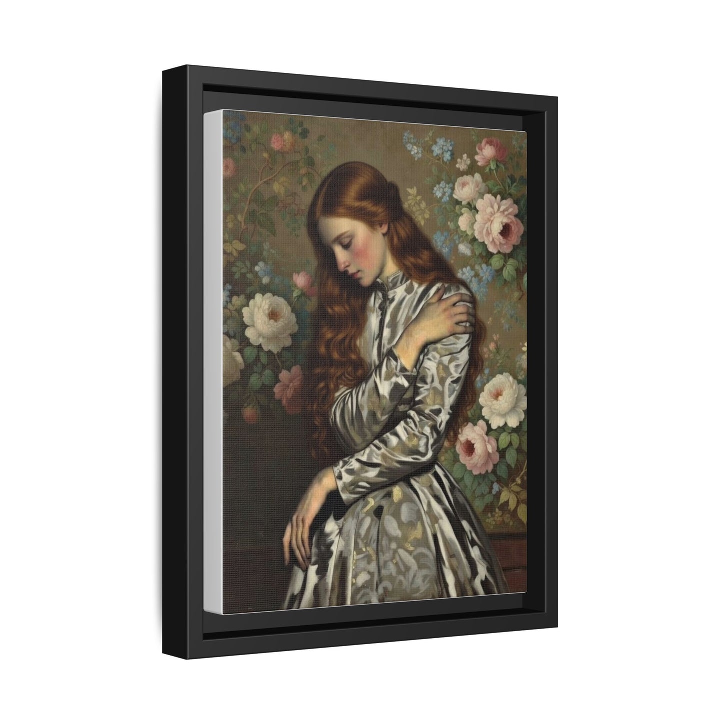 Framed Matte Canvas Art — Vintage Floral Portrait of a Young Woman